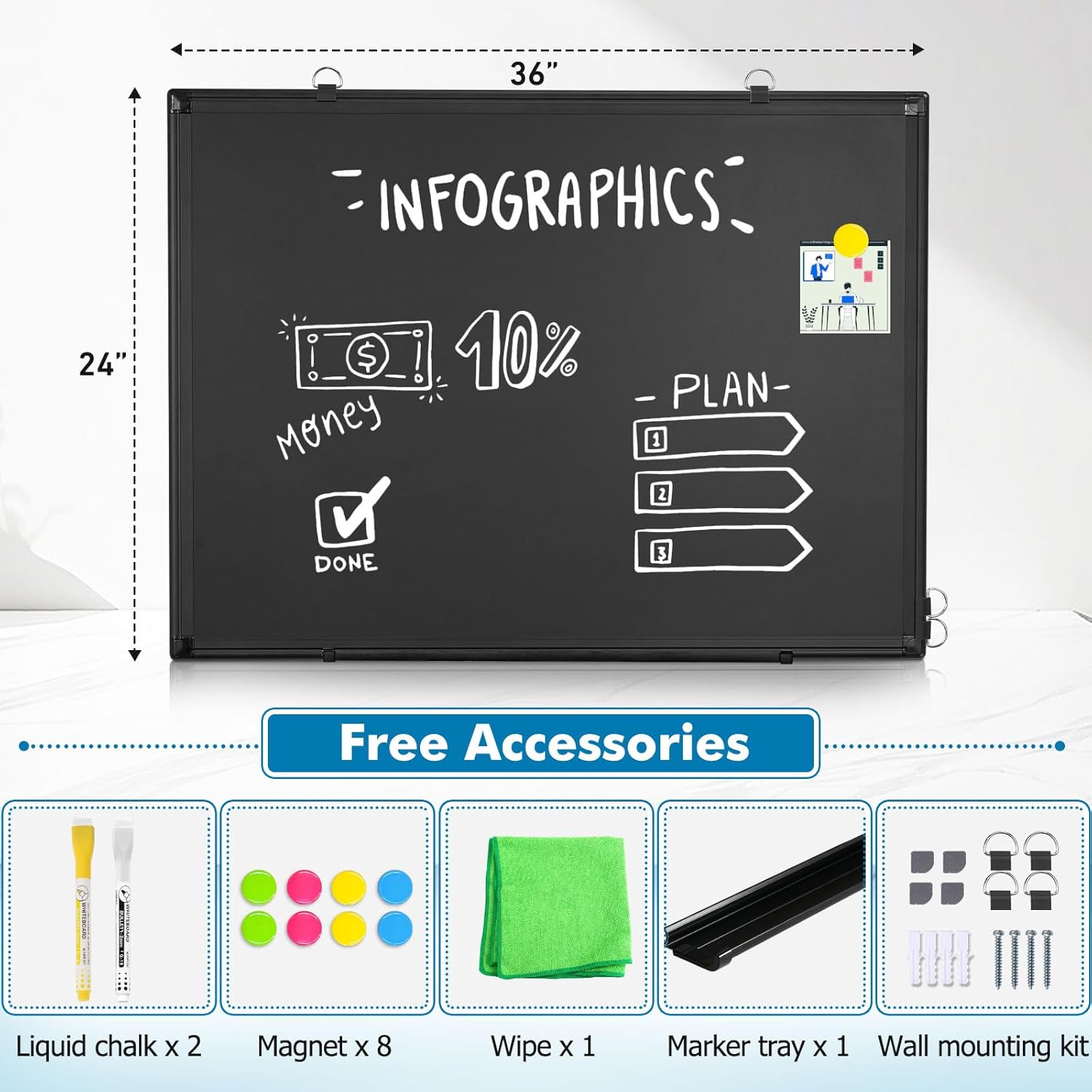 Magnetic Chalk Board, 36“x24” Black Chalkboard Double-Sided Dry Erase Board Magnetic Blackboard for Wall, Black Framed Small Chalk Board Home, School, Office, Kitchen 36 x 24"