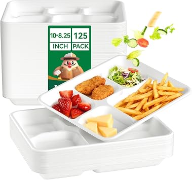 JOLLY CHEF 125 Pack 10 Inch Square 5 Compartment Disposable Bagasse Plates