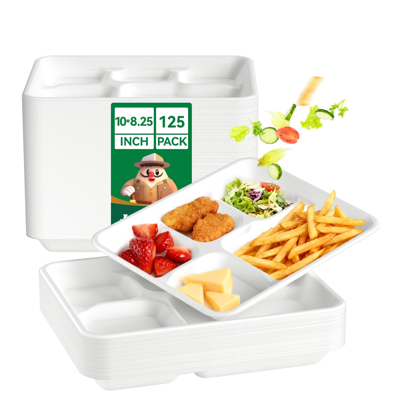 JOLLY CHEF 125 Pack 10 Inch Square 5 Compartment Disposable Bagasse Plates