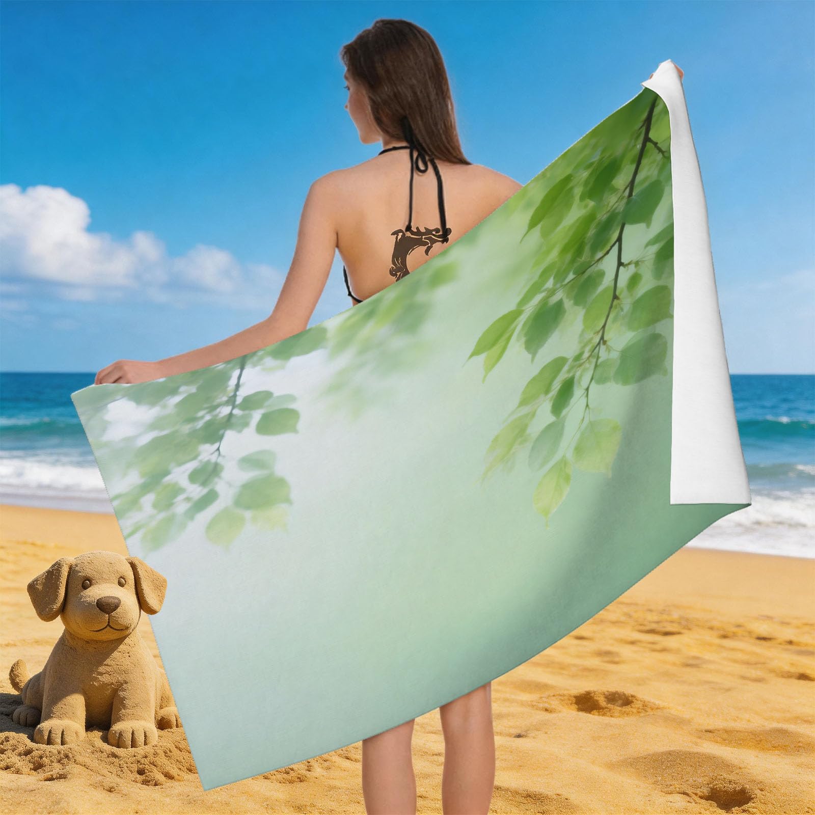 Leichong 3D Leaves Beach Towel Microfiber Soft Quick Dry for Adults, Chic Bath Towel Lightweight Soft Absorbent for Travel Swimming Pool Sports, 75 x 150 cm