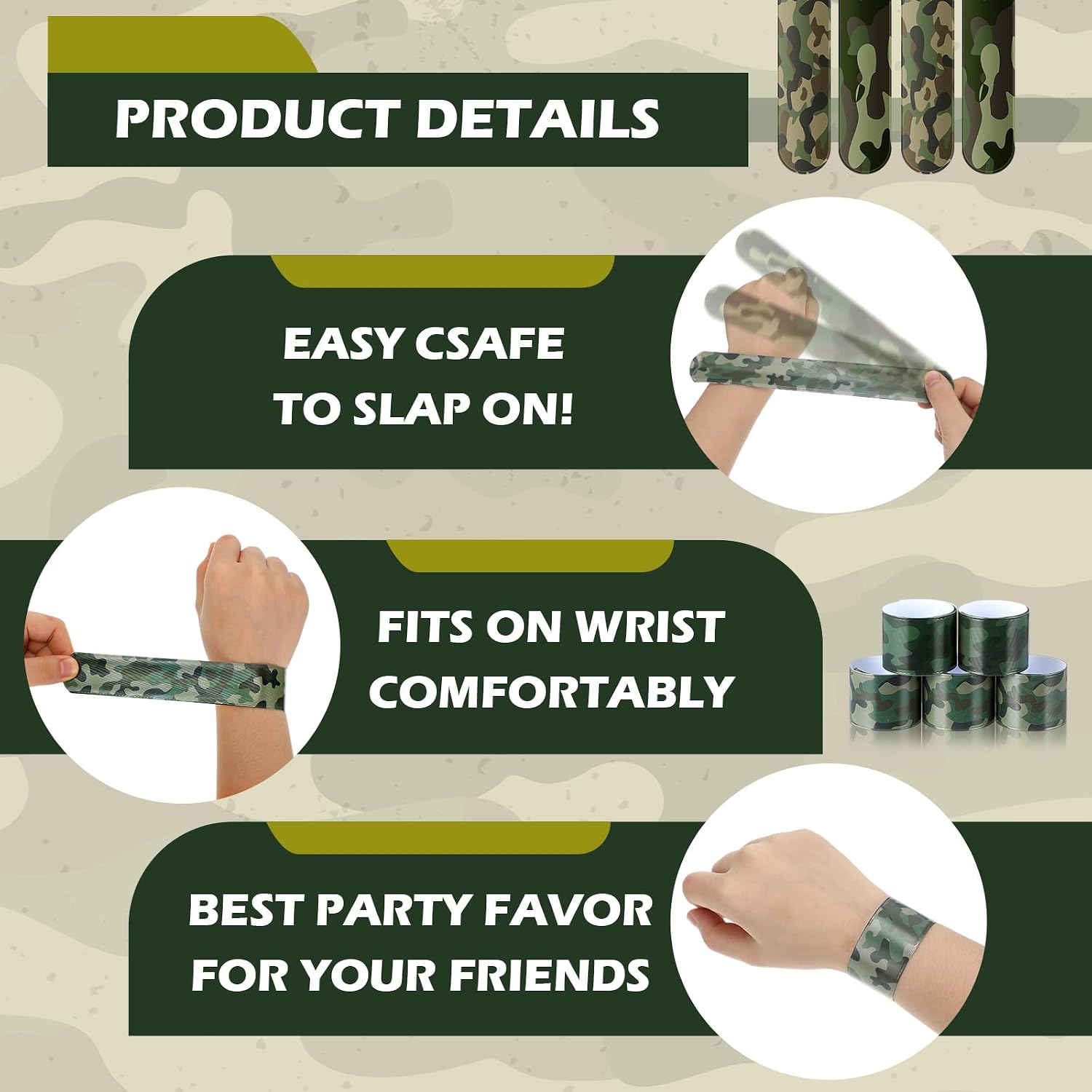 Camo Slap Bracelets Assorted Army Slap Wristbands Snap Bracelets Green Camouflage Military for Camo Theme Kid Adult Army Party Favors Goodie Stuffers Classroom Prizes Birthday Gift image 3