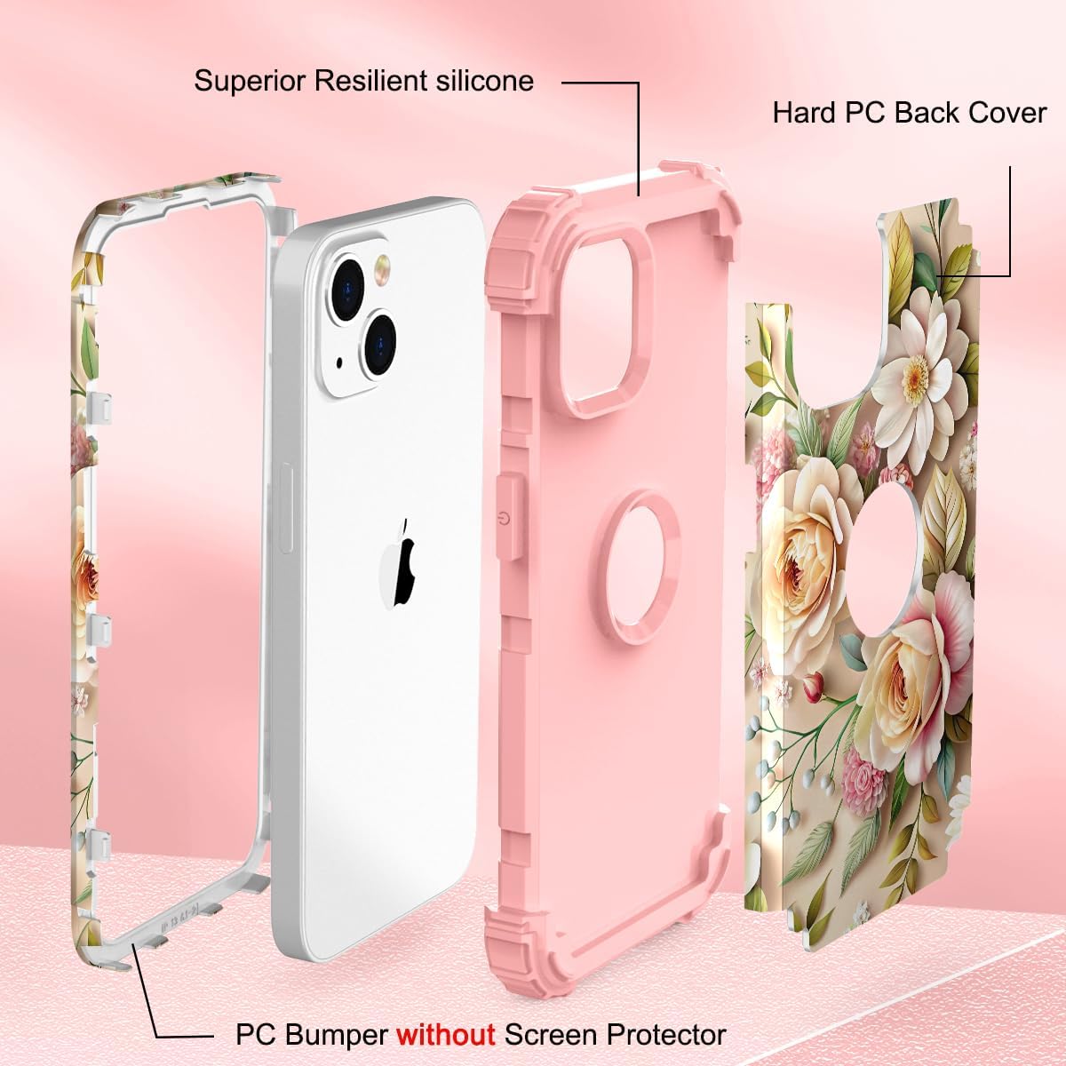 TEECOVER for iPhone 13/14 Case, Heavy-Duty Shockproof Full Protection Hard Plastic Bumper + Soft Silicone Rubber Protective Case for iPhone 13/14-6.1-Inch, Rose Gold Flowers - Image 5