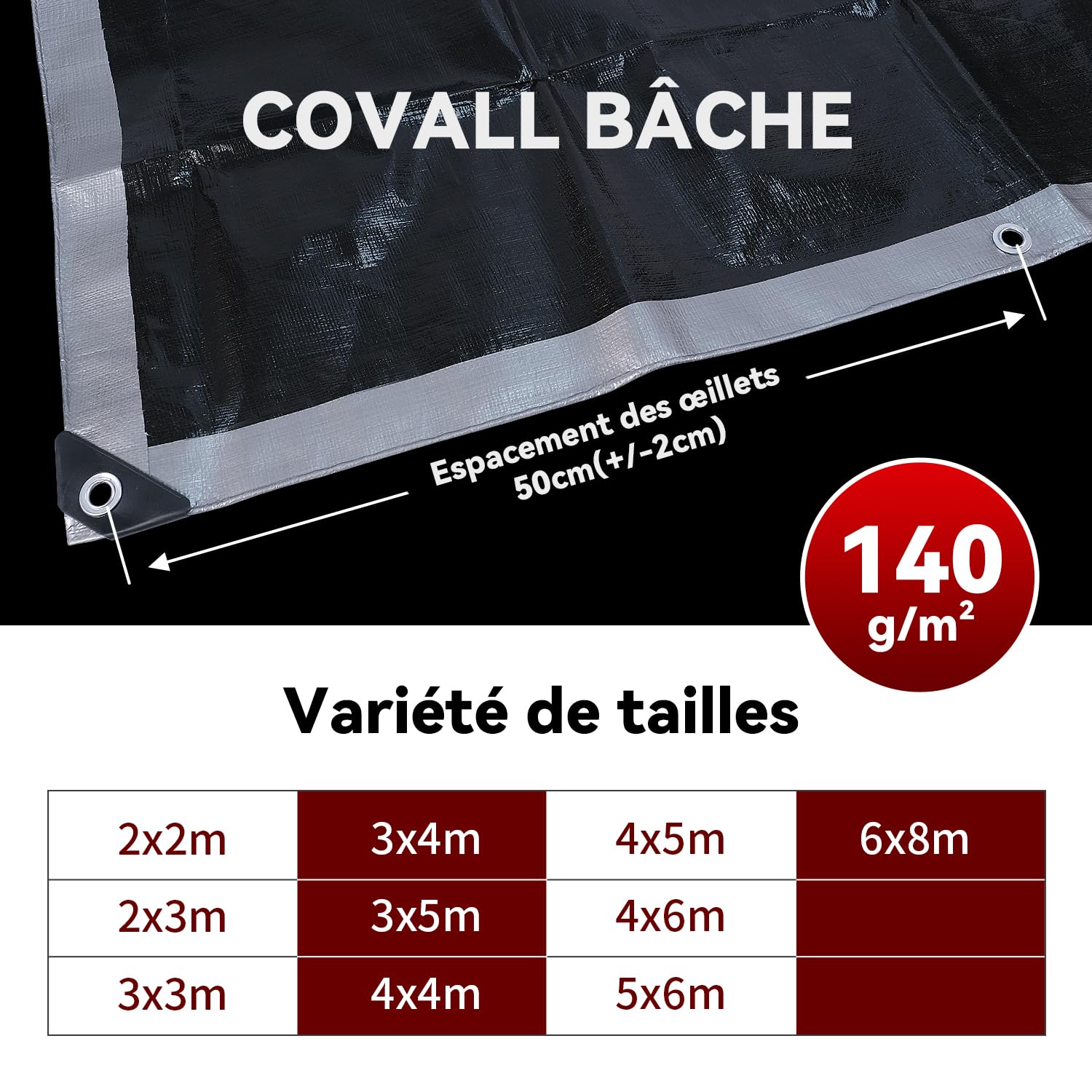 Bâche Imperméable Bâches de Protection en Polyéthylène 140g/m² Robuste 5x6m Étanche Renforcé Trou Soudé Résistant à la déchirure Toit Polyvalent Pool Truck RV Camping Tente Jardin Argent/Noir.