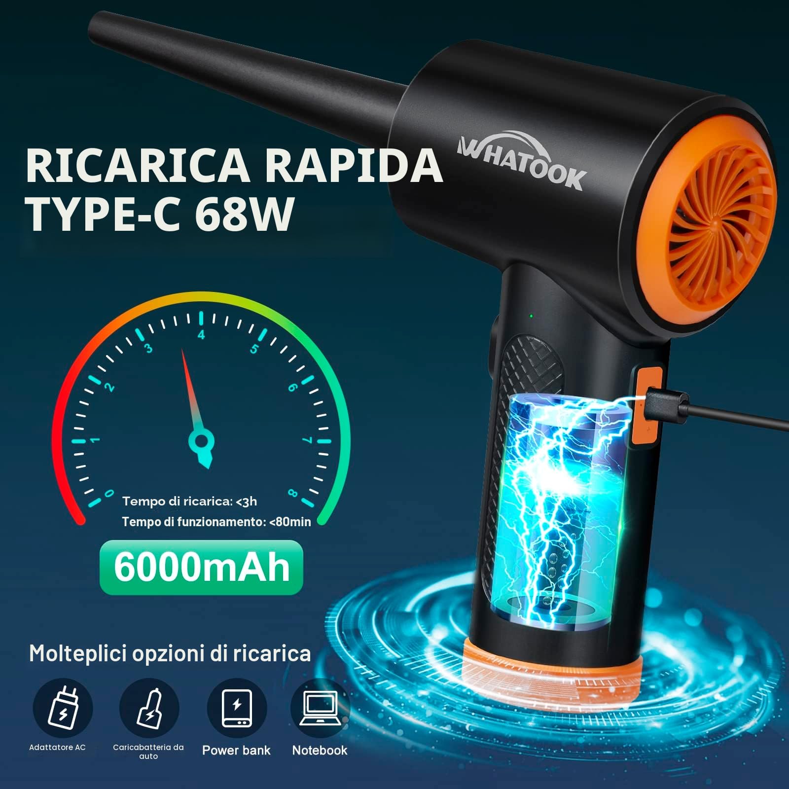 Elettrico Rimuovi Polvere Aria Compressa Senza Fili ：3 Velocità 60000 giri/min Miglior Sostituto di Bombolette ad Aria Compressa with LED Light (Air Duster)