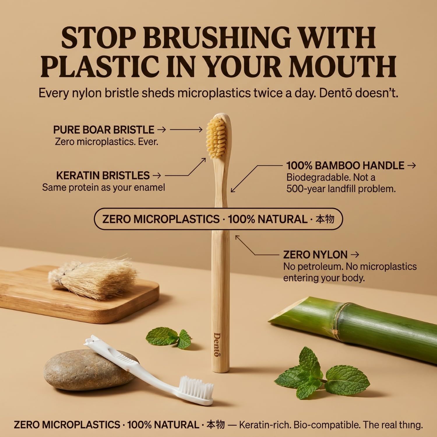 Dento Spazzolino da denti con setole di cinghiale e bambù (confezione da 4) – Setole di cinghiale di alta qualità – completamente biodegradabile – senza plastica e nylon – Design ad asciugatura rapida