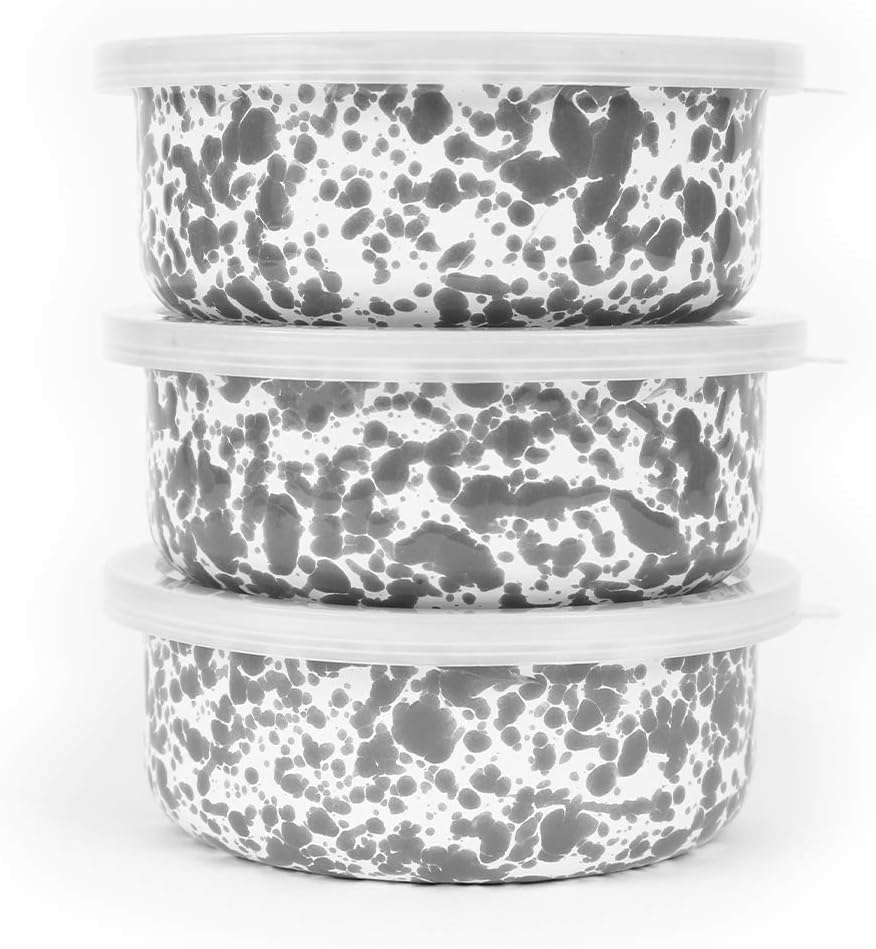 Enamelware Storage Bowls, 3 piece, Grey/White Splatter