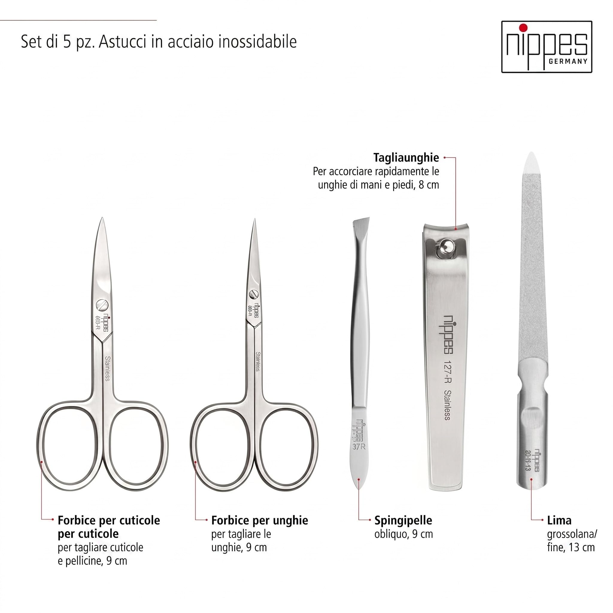 nippes Solingen Set manicure Verde, 5 pezzi, astuccio per unghie in pelle di eucalipto vegana, strumenti in acciaio inox, senza nichel e antiruggine, set per la cura delle unghie, prodotto in Solingen
