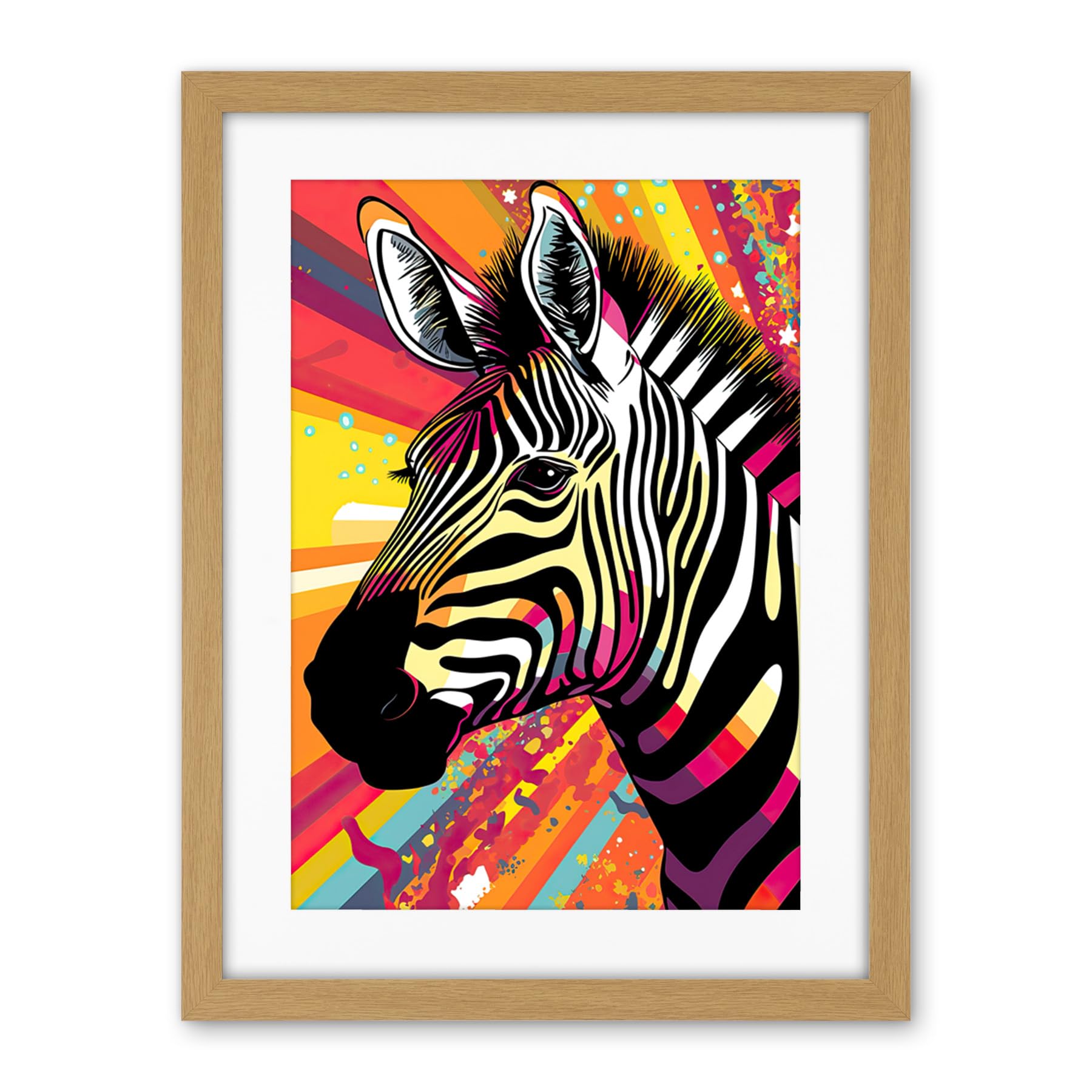 Artery8 Zebra Portrait Vibrant Colourful Stripes Bright Bold Psychedelic Rainbow Artwork Framed Wall Art Print 18X24 Inch