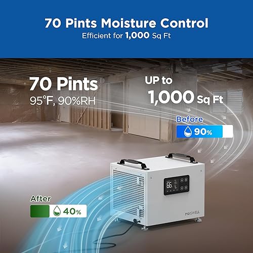 Miniatura 4 de Deshumidificador comercial de 70 pintas con bomba, deshumidificador portátil de espacio de rastreo para sótano, deshumidificadores compactos