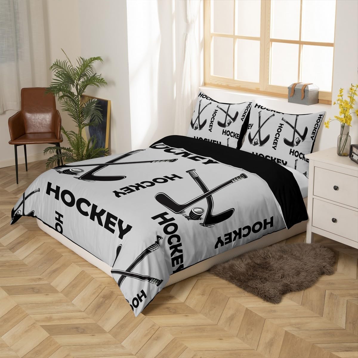 Poszewka na kołdrę 105/120 Hokej na lodzie 3D szara poszwa na kołdrę 180 x 220 cm, lekka i wygodna pościel z mikrofibry z zamkiem błyskawicznym i 2 poszewkami na poduszki łatwa w pielęgnacji M/7417