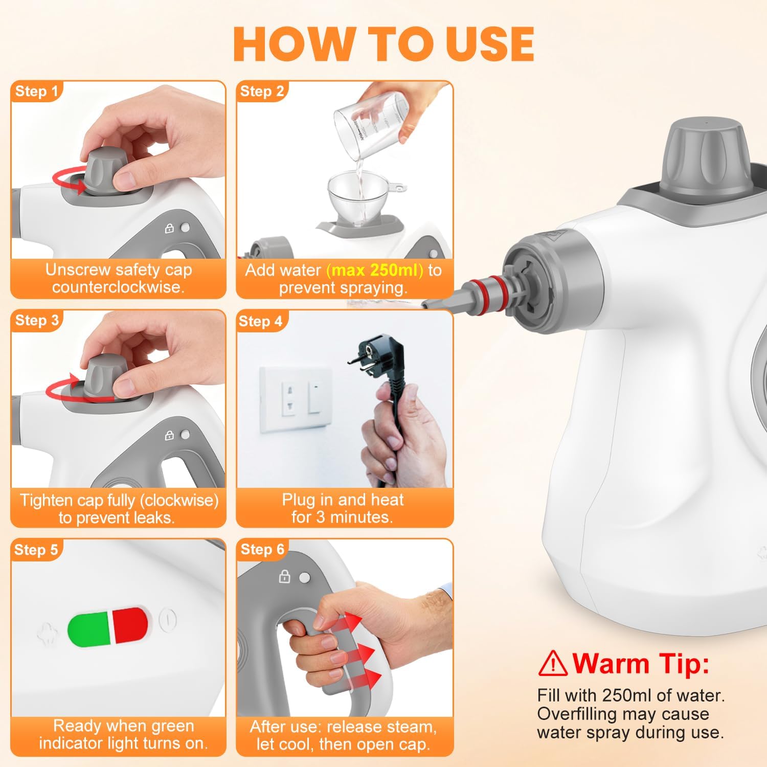 Handheld Steam Cleaner for Home, Pressurized Portable Steamer for Cleaning with 15 Accessories for Multi-Surface Cleaning, Floors, Tiles, Grout, Kitchen, Bathroom, Couch & Car(Grey Cap&Grey Handle) - Image 5