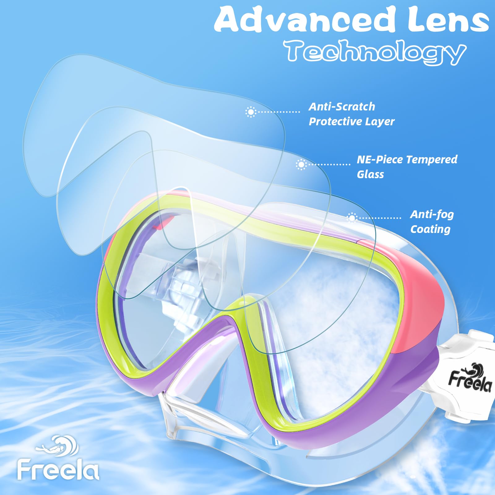 Masque De Natation Enfant Freela 3-15 Ans - Verre Trempé Anti-Buée 180°