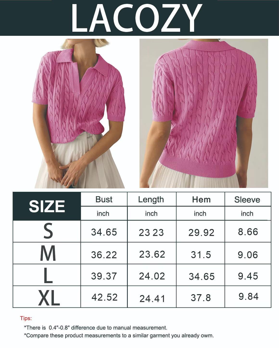 LACOZY Polo d'été à manches courtes et col en V côtelé pour femme