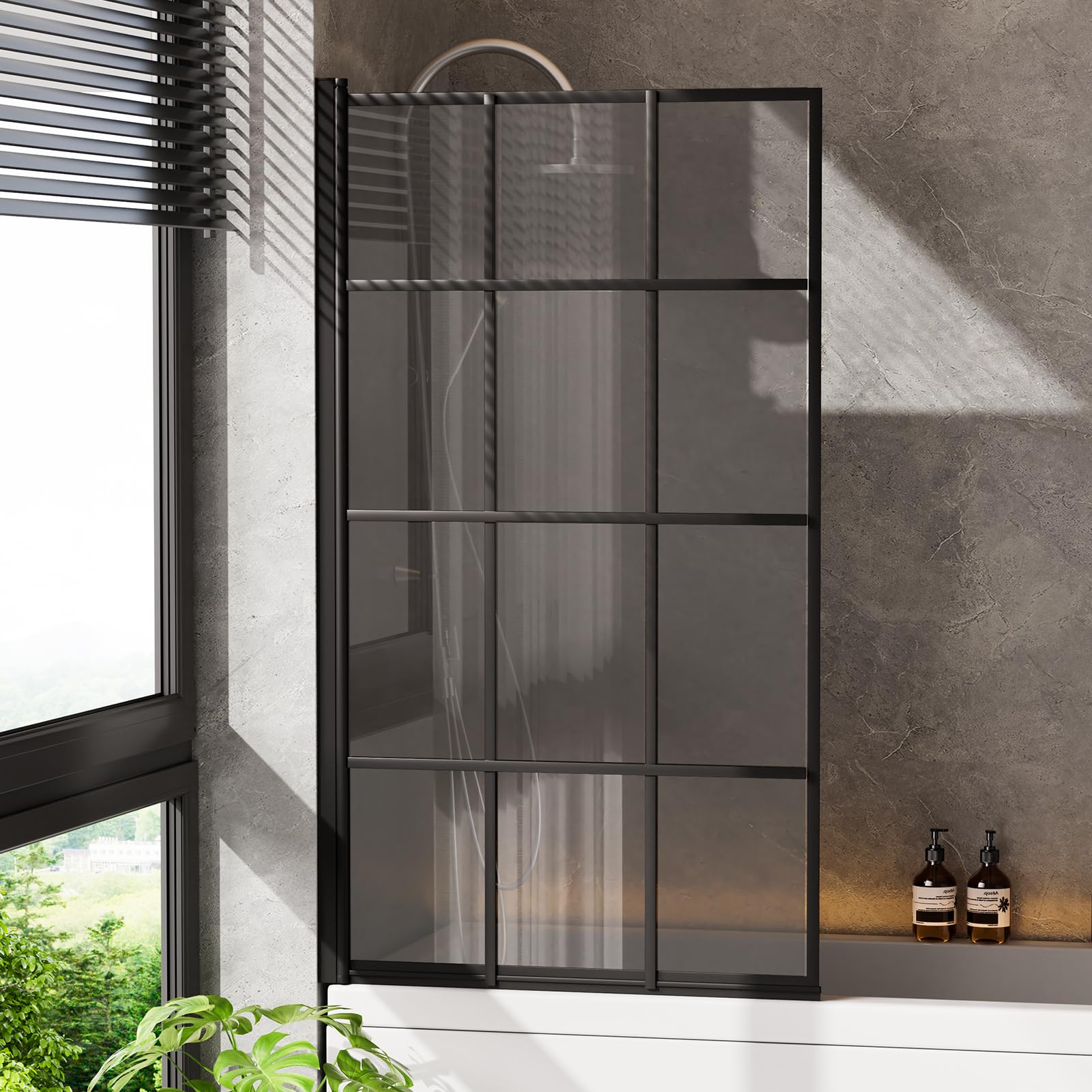 INMOZATA Shower Screen,Tempered Explosion-Proof Glass Shower Screens for Bath,180 Degree Rotation Over Bath Shower Screen Glass Panel（Grey Glass, Grid Frame）