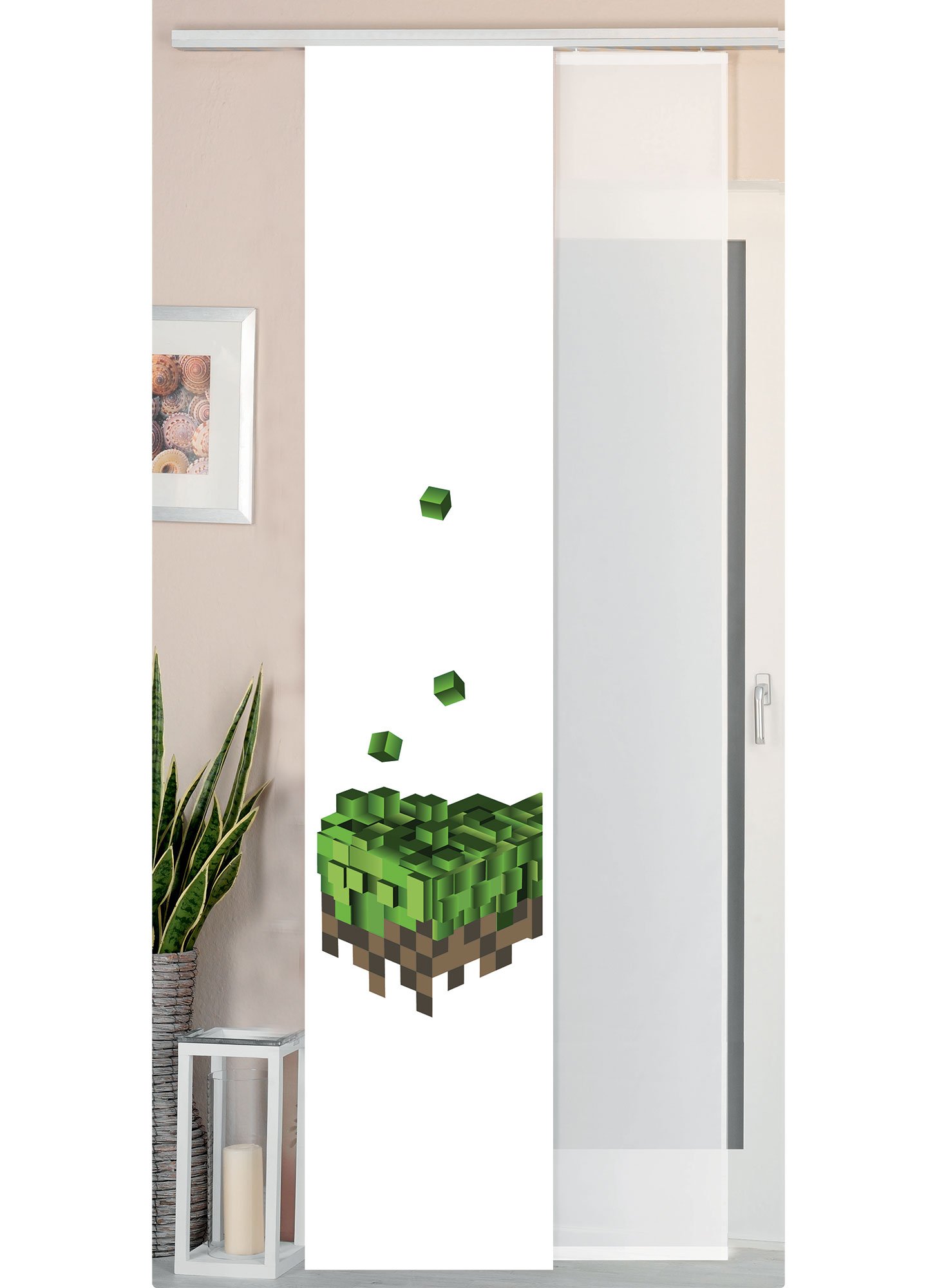 Gardinenbox Sliding/Panel Curtain, Wild Silk Effect and Voile Panel, Polyester, Pixel, 245 cm x 45 cm, 2 Units