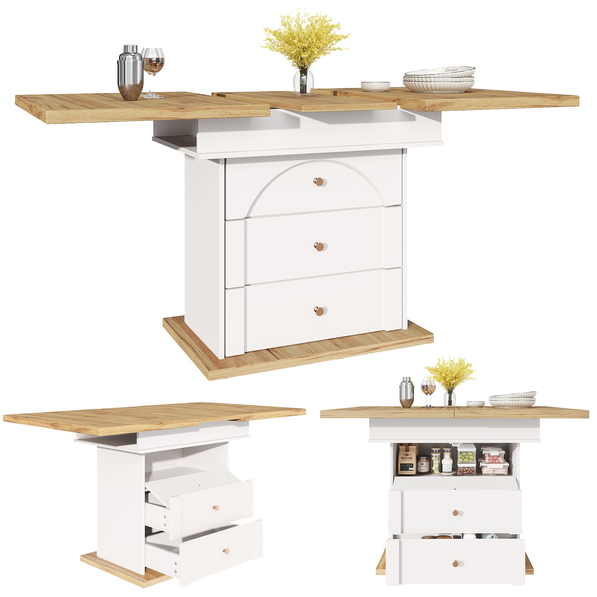 Merax Esstisch Ausziehbar, Esszimmertisch Küchentisch mit ausziehbare Tischplatte, Schubladen und Klapptüren, Säulentisch rechteckig, Teleskoptisch für 4-6 Personen, 110-140x80 cm, Holzoptik & Weiß