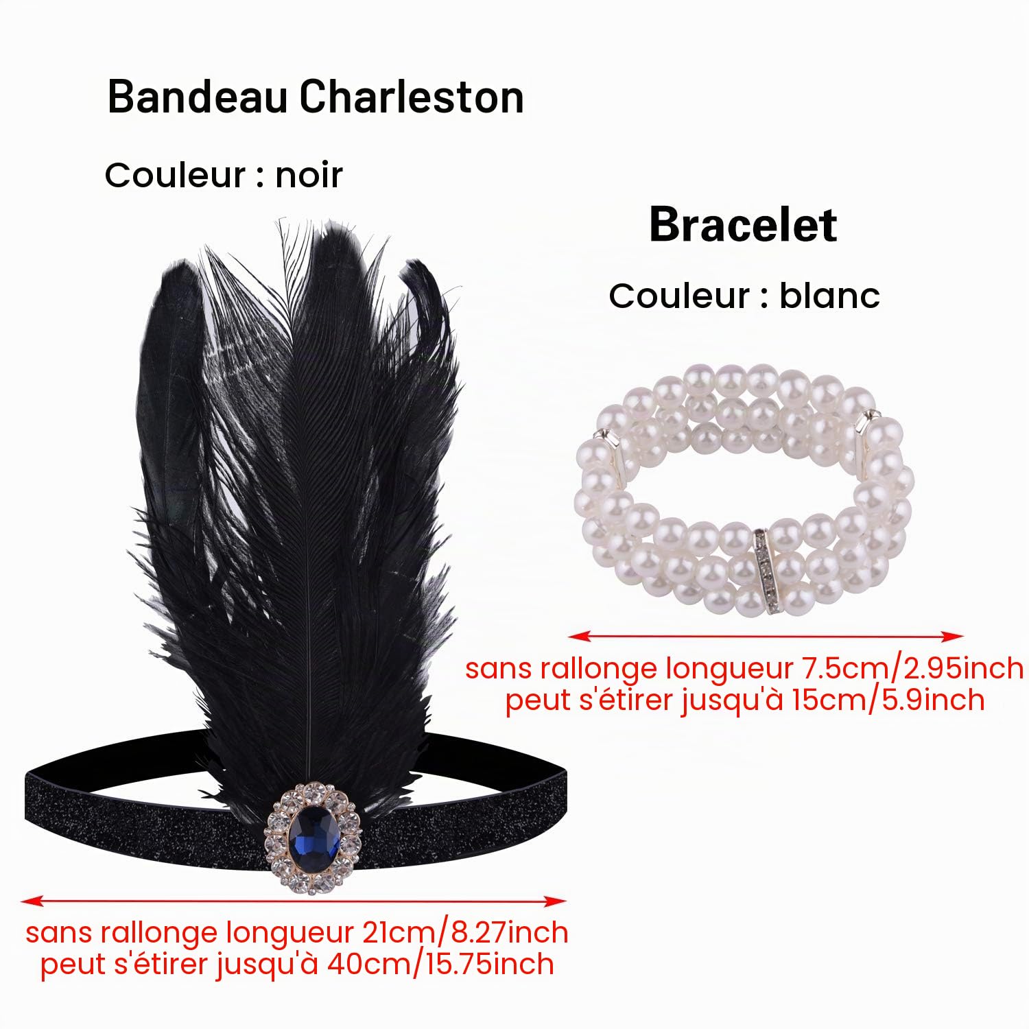 ELECLAND Robe Années 1920 à Col en V à Paillettes et à Franges avec Ensemble d'Accessoires Années 20