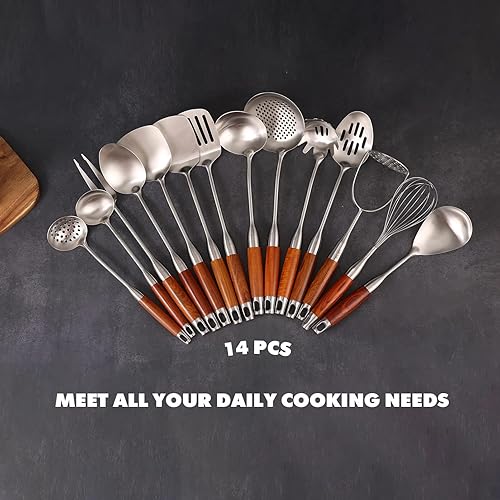 Miniatura 8 de Juego de utensilios de cocina de acero inoxidable 1810 con mango de madera, 14 herramientas de cocina de metal y utensilios para servir, juego de
