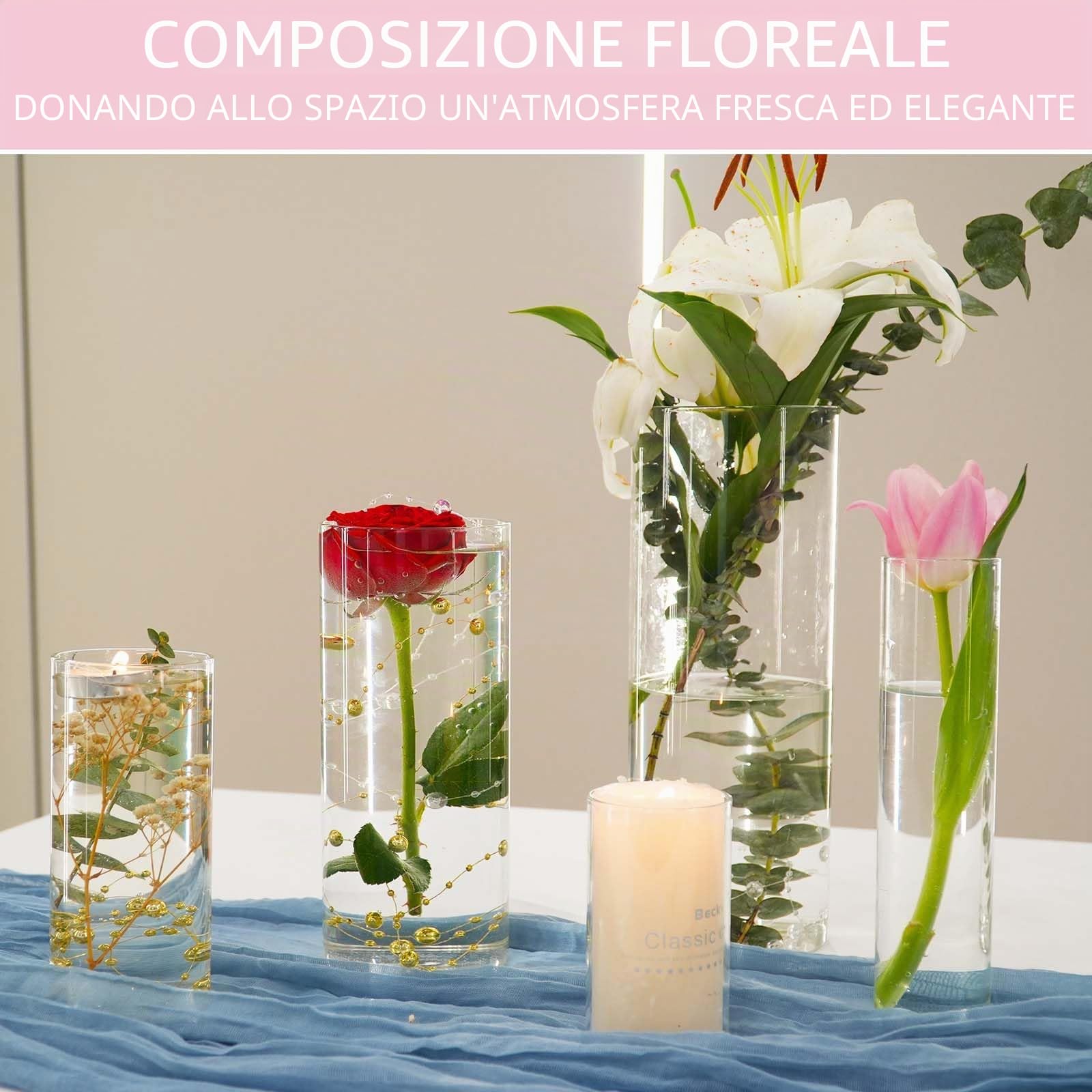 Set di 30 vasi cilindrici in vetro per decorazioni, ideali per decorazioni di matrimoni (30, 10+15+19+20+25 cm)
