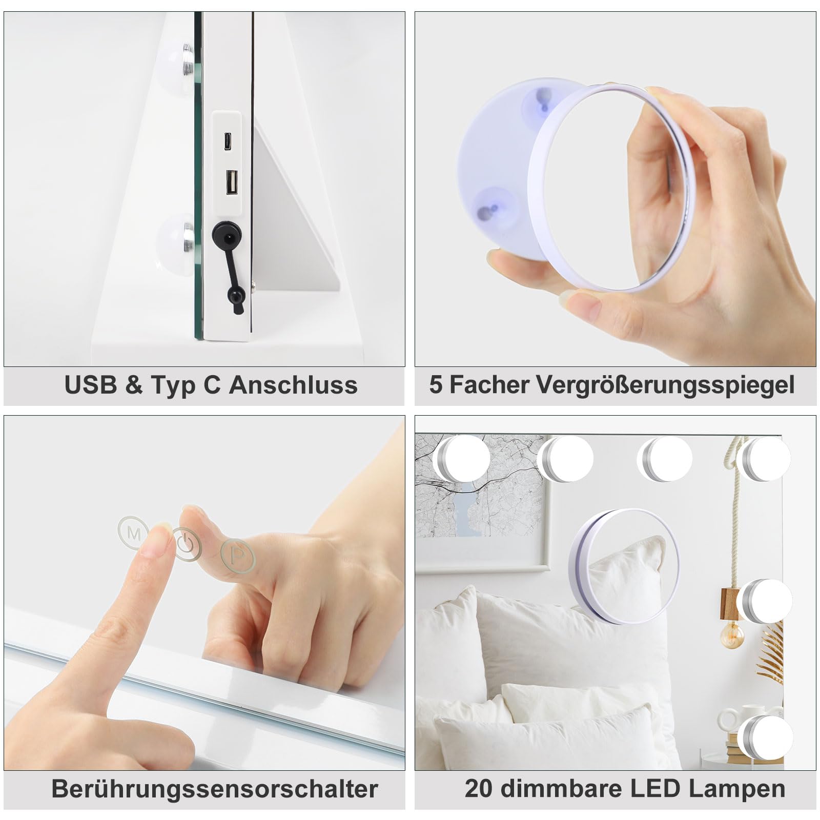 Dripex Hollywood Schminktischspiegel, Schminkspiegel mit 20 Lampen und 3 Farbtemperatur Licht, Kosmetikspiegel mit Touch Steuerung, 90 x 60 cm Weiß, Aufstellung oder Wandmontage