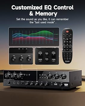 Donner Stereo Receivers, Premium 1000W Peak Power 6 Channel Audio Amplifier with Bluetooth 5.3, USB, FM, 2 Mic-in, Echo, RCA, Optical/Coaxial Input for Home, Karaoke, Theater Speakers, MAMP6