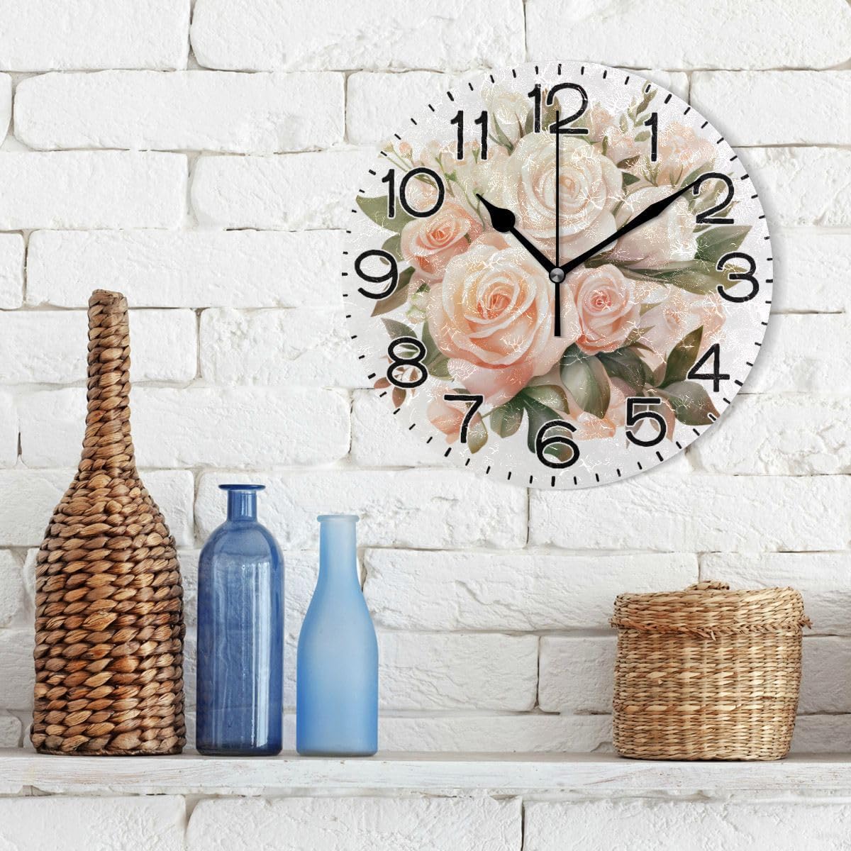 ALAZA Pink Rose Flowers Wall Clock Battery Operated Non Ticking Silent Quartz Analog Rustic Farmhouse Round Clock Retro Decor for Home Kitchen Living Room Bathroom