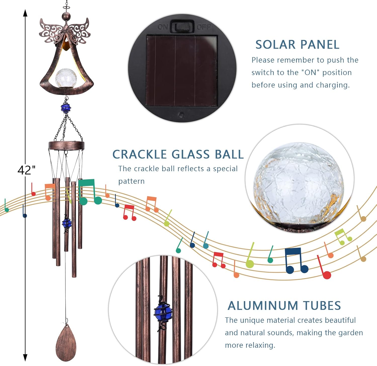 Taman Wind Chime - 42" Angel Solar Lights Wind Chimes Valentine's Day Gift for Outside Crackle Glass Ball LED Decorative Memorial Gift, Aluminum Tubes for Home, Outdoor, Yard, Patio,Garden Decor - Image 3