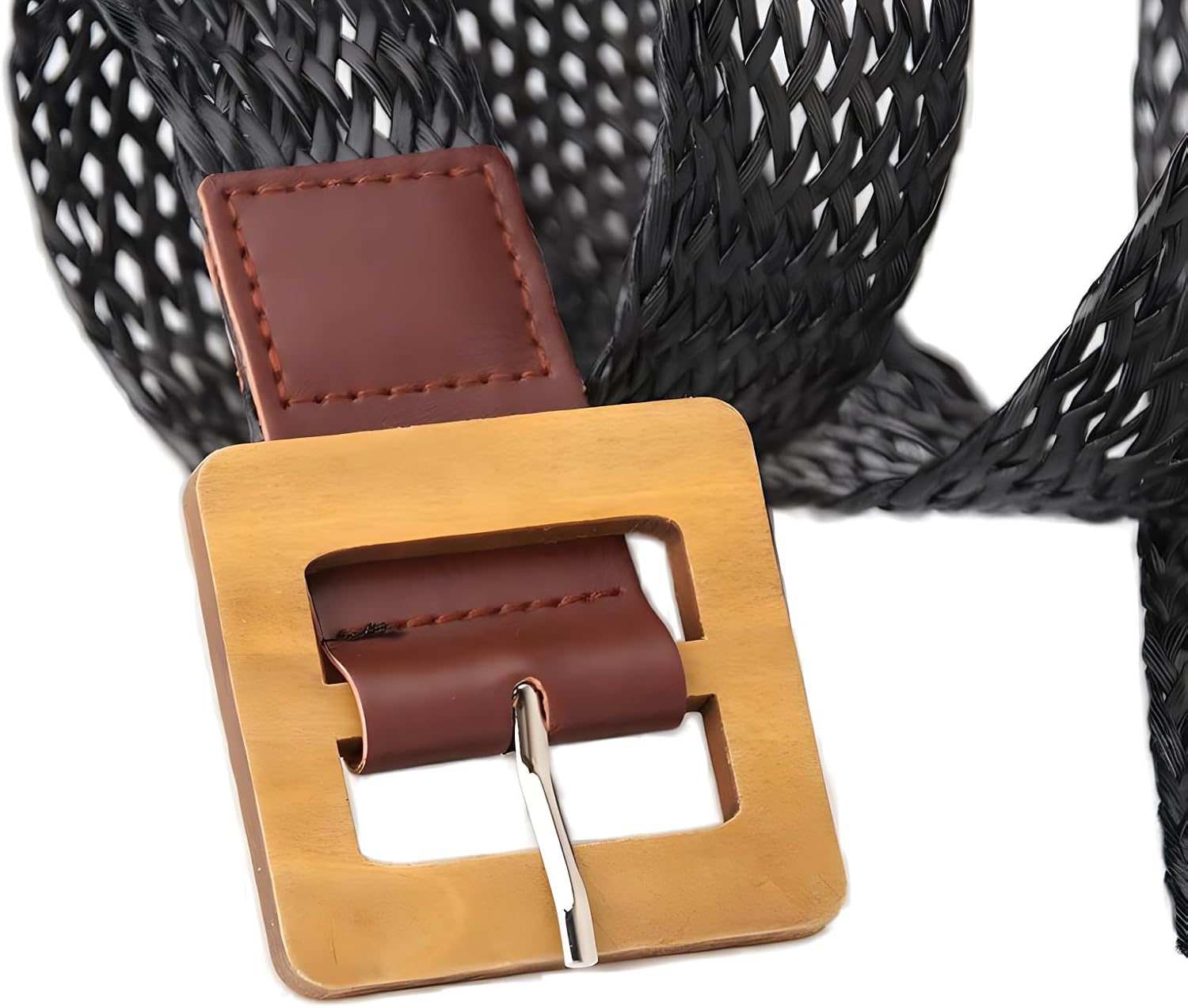 Women Faux Leather Woven Belts for Dresses Wide Waist Belt with Square Buckle