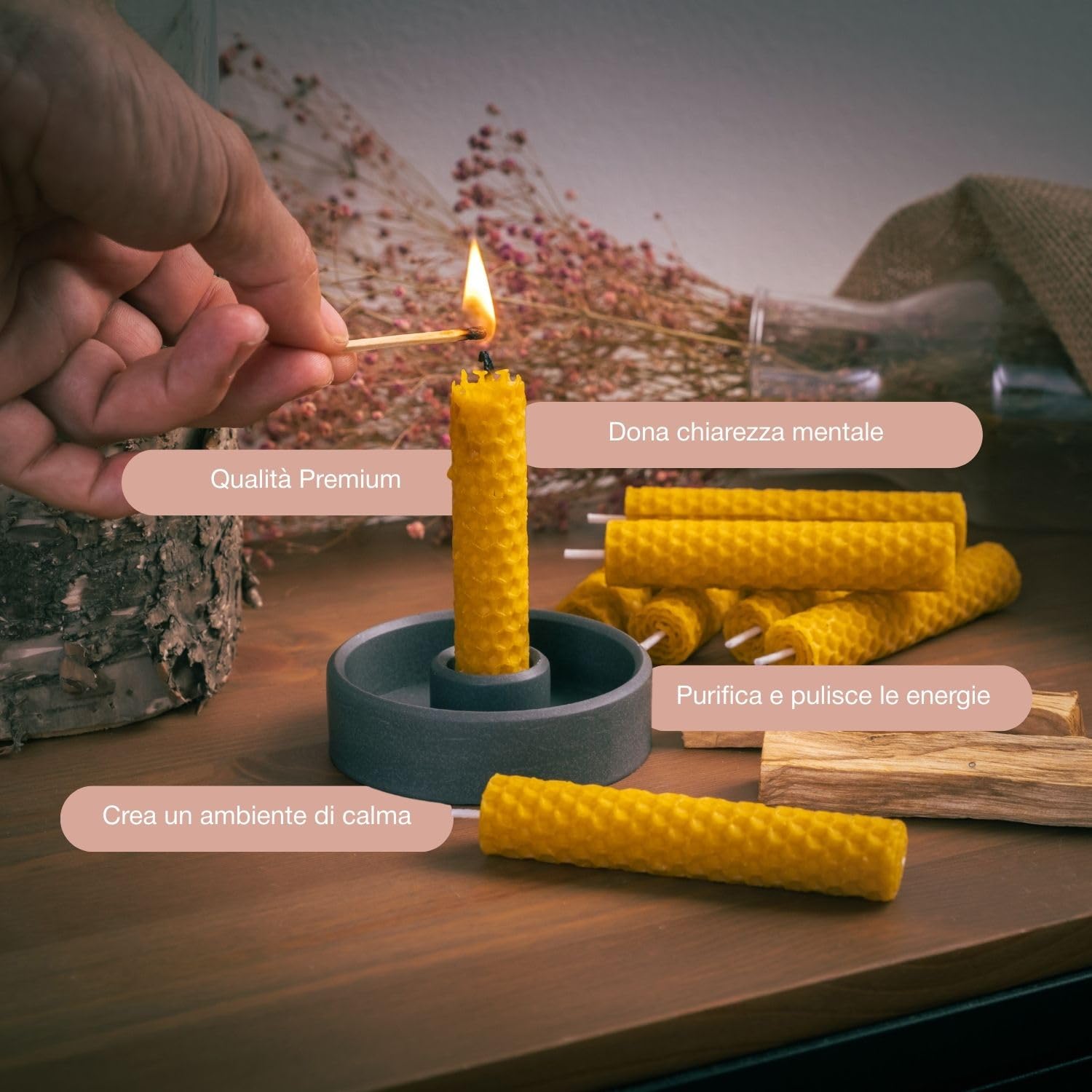 Kit Candele Naturali In Cera D'Api Con Ruda – 10 Pezzi 10x5 Cm + 2 Bastoncini Palo Santo XL – Per Pulizia E Prosperità