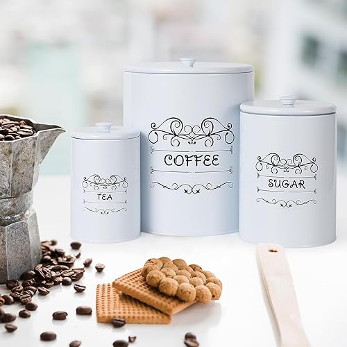 Miniatura 7 de GarveeHome Country White - Juego de 3 recipientes de metal rústico con tapas herméticas, recipientes de almacenamiento de cocina para café, azúcar,