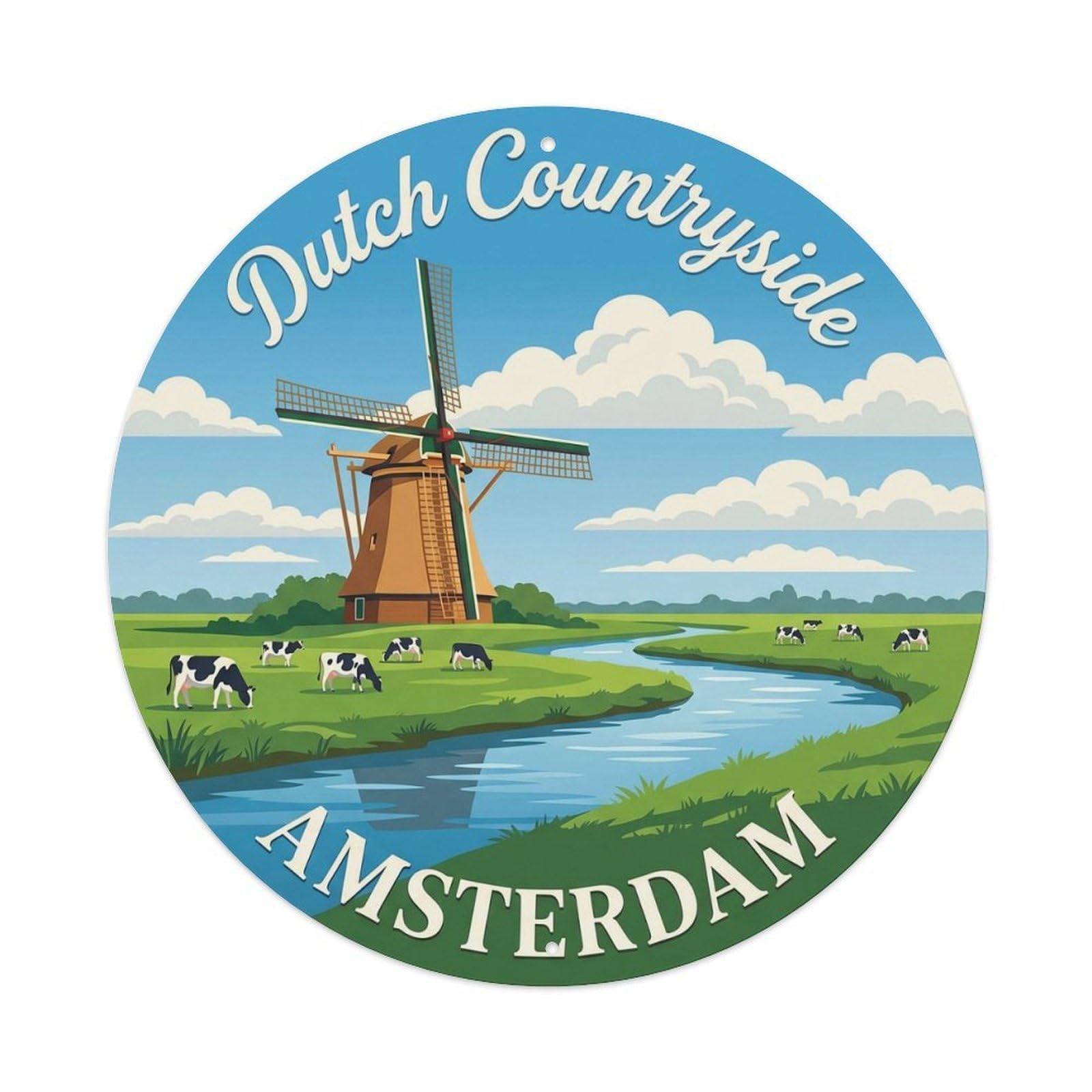 Amsterdam Windmill Heritage Landscape Destination Scenic Metal Tin Sign Plaque Wall Decor for Cafe, Man Cave, Club Bar, Office, Home Garden Round Metal Poster 8x8Inch