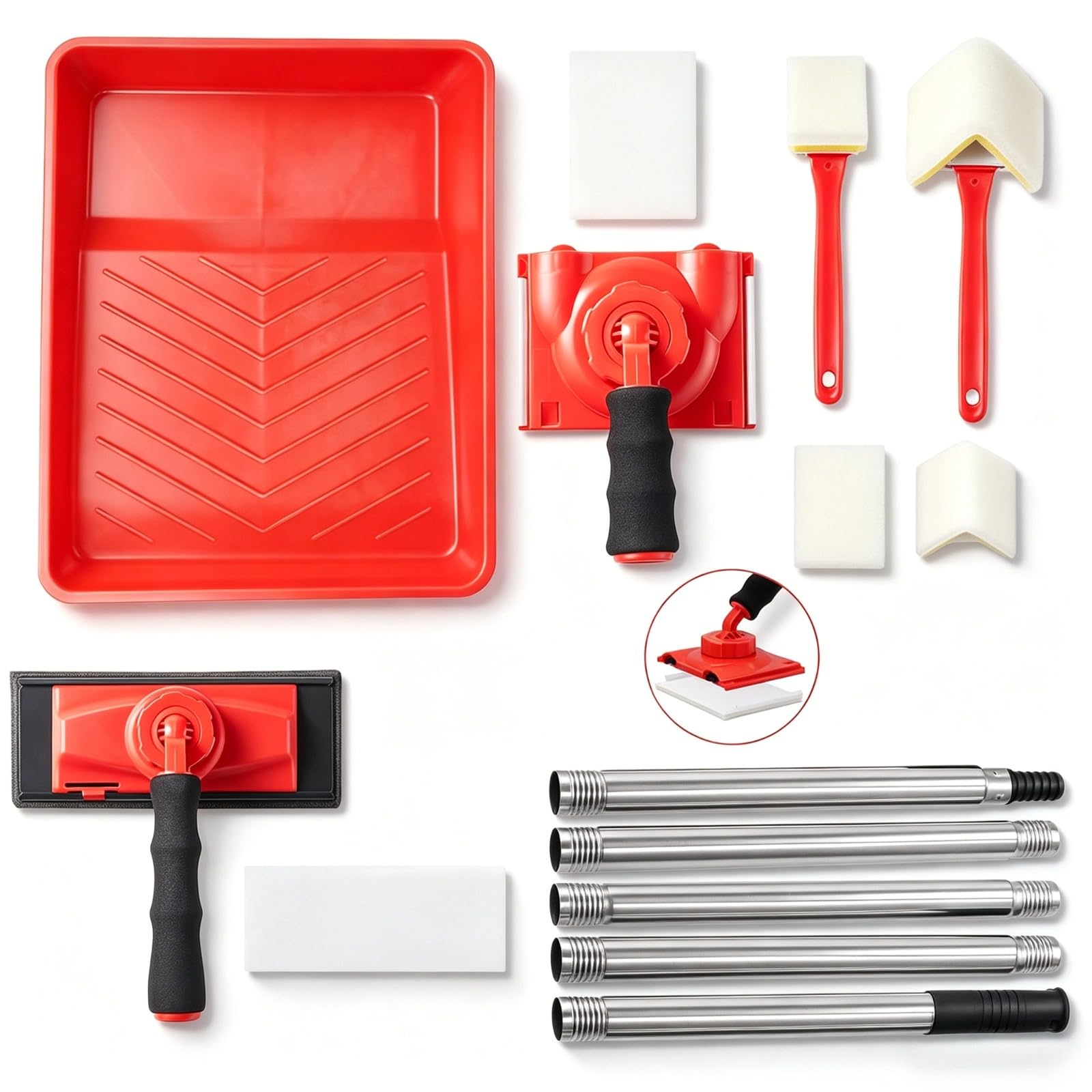 Paint Edger Tool Kit, 14 PCS Paint Edger Set with 5-Section Extension Pole, Trim & Refill Pads, 9 Inch Paint Pad with 360° Handle, Corner & High Ceilings Painter, Paint Supplies for Painting Walls