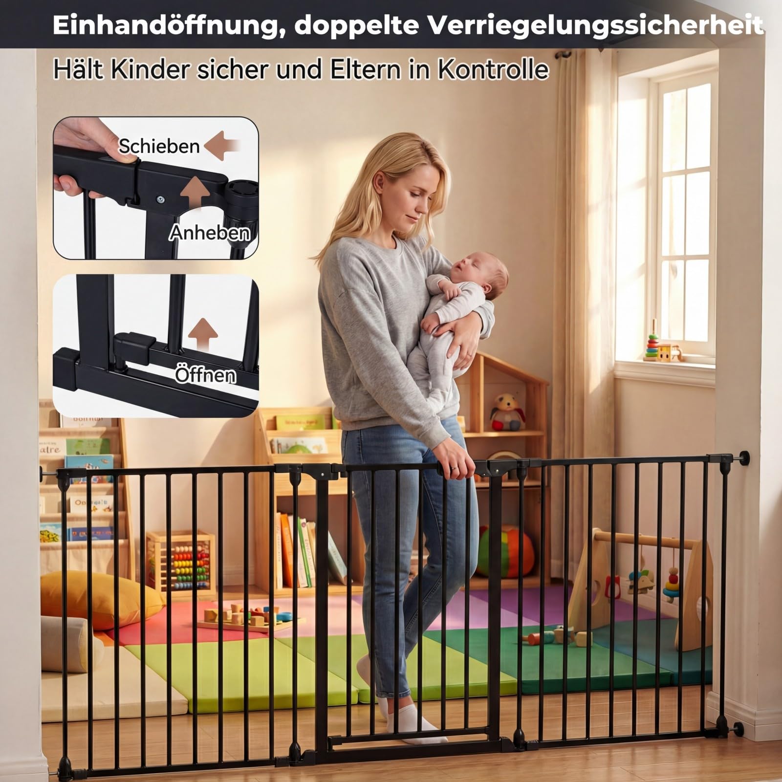 COSTWAY Treppenschutzgitter, 3-teilige Türschutzgitter 74,5–198 cm, Türgitter 270°drehbar aus Metall, Babygitter 180°Zweiwegeöffnung, Hundegitter für Kinder Sicherung & Haustier (Schwarz)