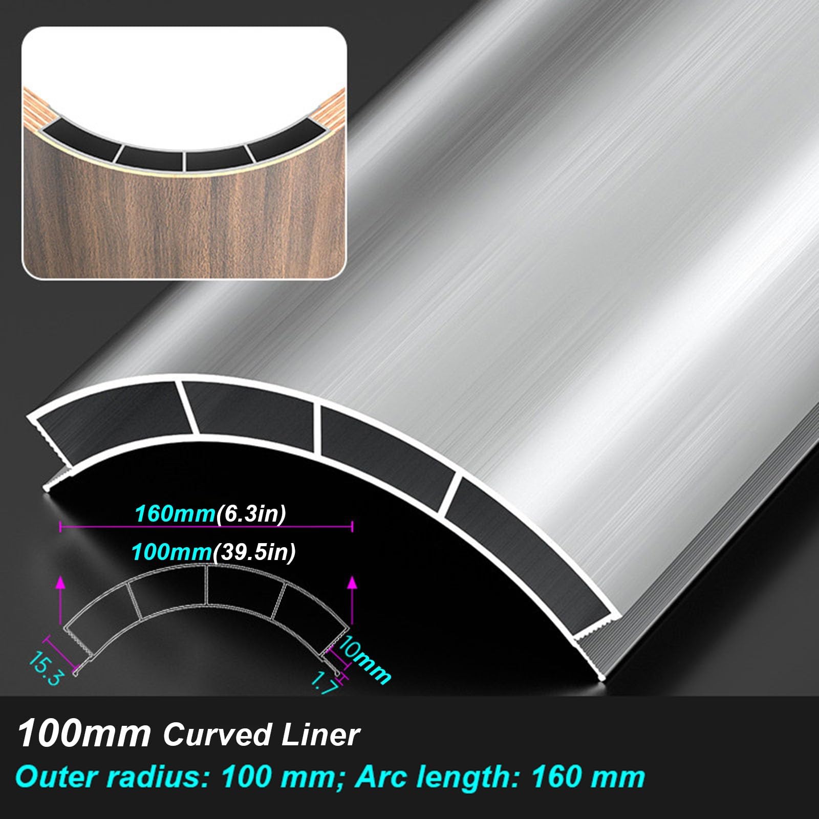 Profilo di riempimento ad arco in alluminio, Profilo angolare a quarto di cerchio da 18/35/50/80/100 mm per pannelli in legno da 18 mm(Radius 80mm,4.27ft/130cm)