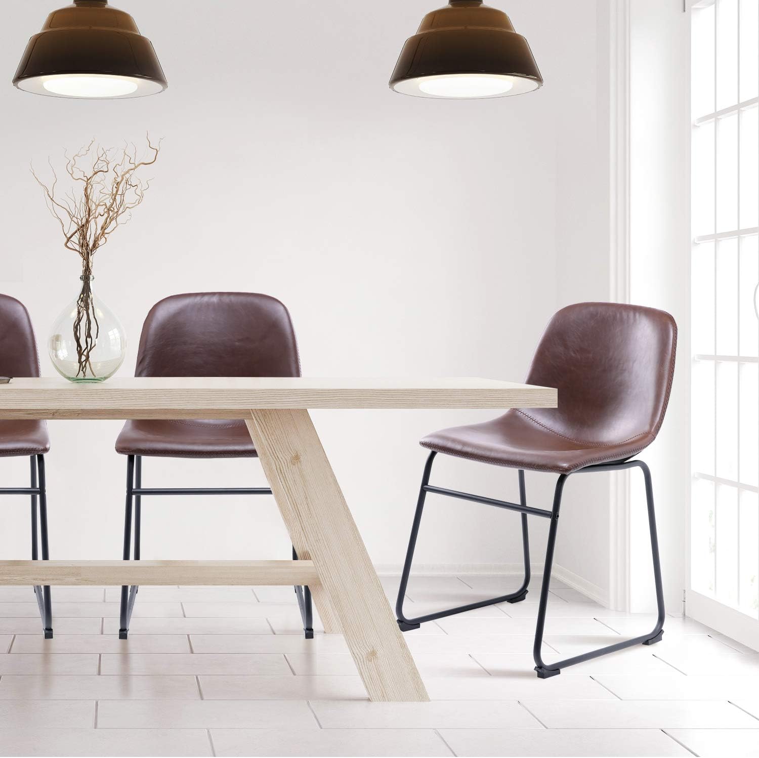 5Rcom Centiar Leather Dining Chairs Set of 2 Mid Century Modern Style Rustic Dining Chairs with Black Metal Base Vintage Faux Leather Seat,Antique Brown for Dining Room Living Room Kitchen Pub Coffee