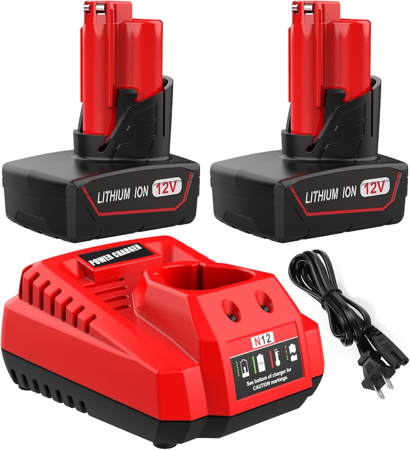 Powilling 2-Pack 6.5Ah Battery + Charger Kit Compatible with Mil-Waukee 12V Tools - 48-11-2401 48-11-2402