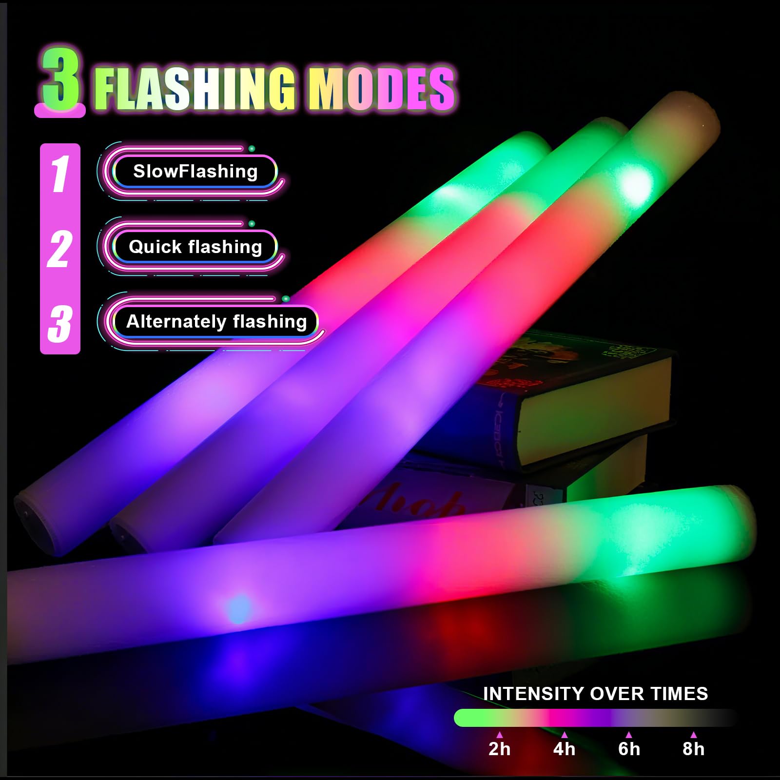 Bâtons fluorescents en mousse, bâtons lumineux à DEL avec 3 modes clignotants, fournitures de fête pour mariages, anniversaires, concerts, fêtes, camping, événements sportifs (108 pièces)
