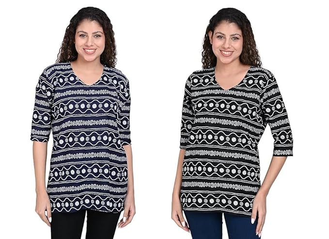 OFEEFAN Women’s Rayon Printed Short Kurtis – Pack of 2 | Ethnic Wear for Women | Regular Fit Comfortable Kurtas for Casual – Blue&Black