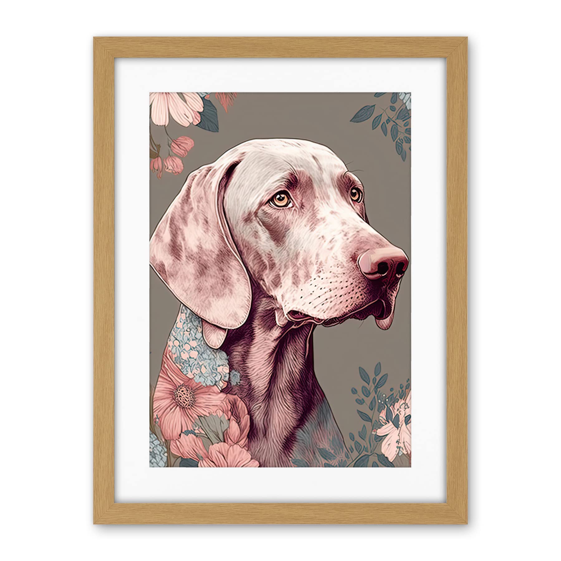 Artery8 Weimaraner Dog Portrait with Flower Patterns Modern Detailed Illustration Artwork Framed Wall Art Print 18X24 Inch