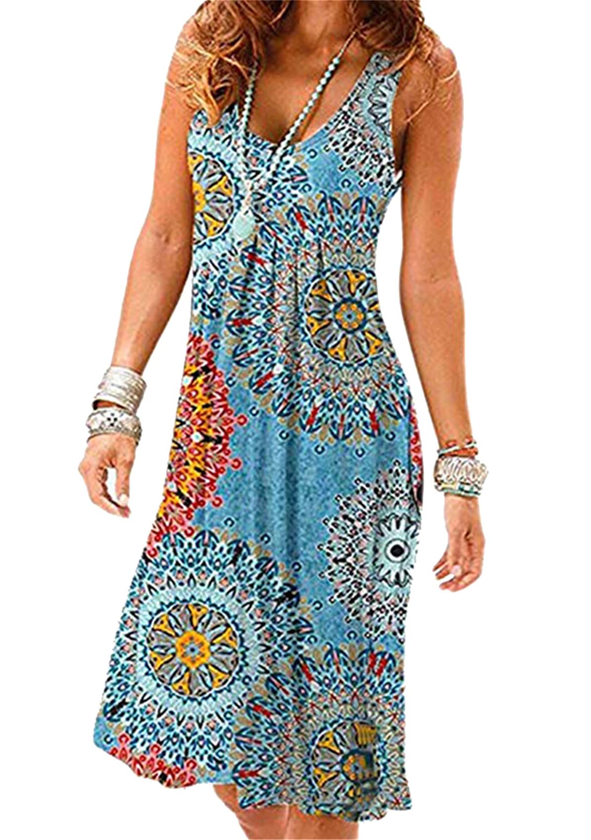YMING Mujeres Patrón Floral Vestido Suelto Midi Sundress Casual Sin Mangas Vestido De Playa