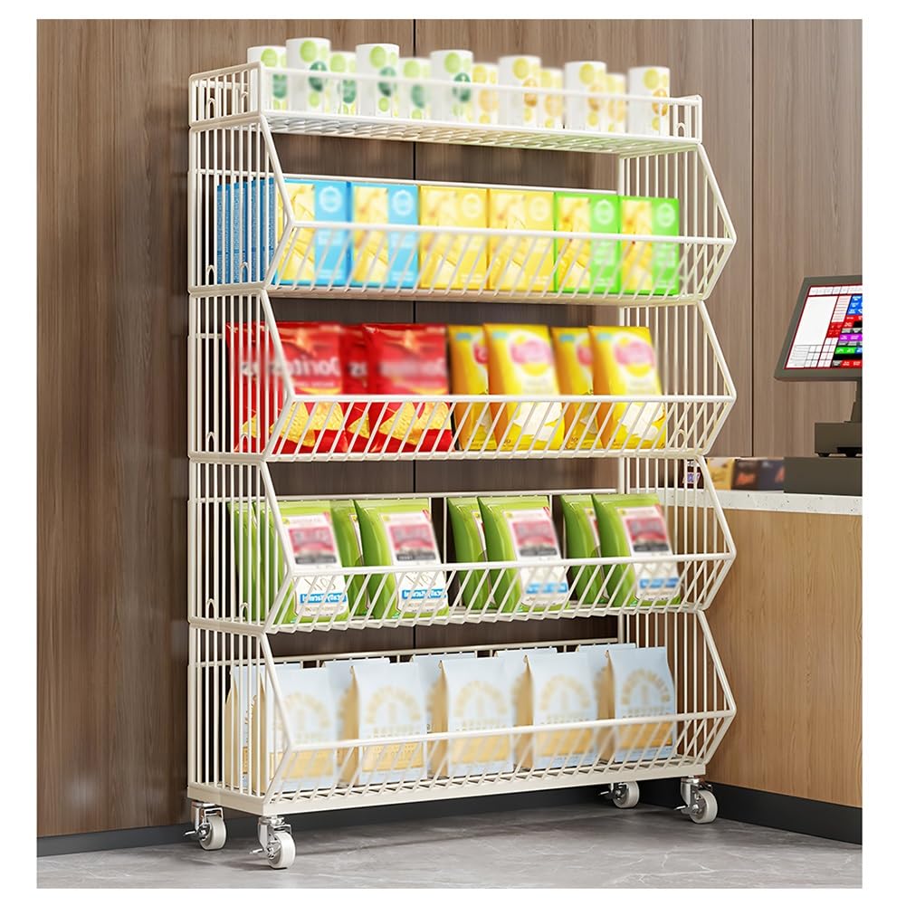 Metalowy kosz druciany z kółkami, wytrzymały wózek detaliczny na przekąski, cukierki i chipsy ziemniaczane, regał do supermarketu, biały, 60 x 45 x 80 cm