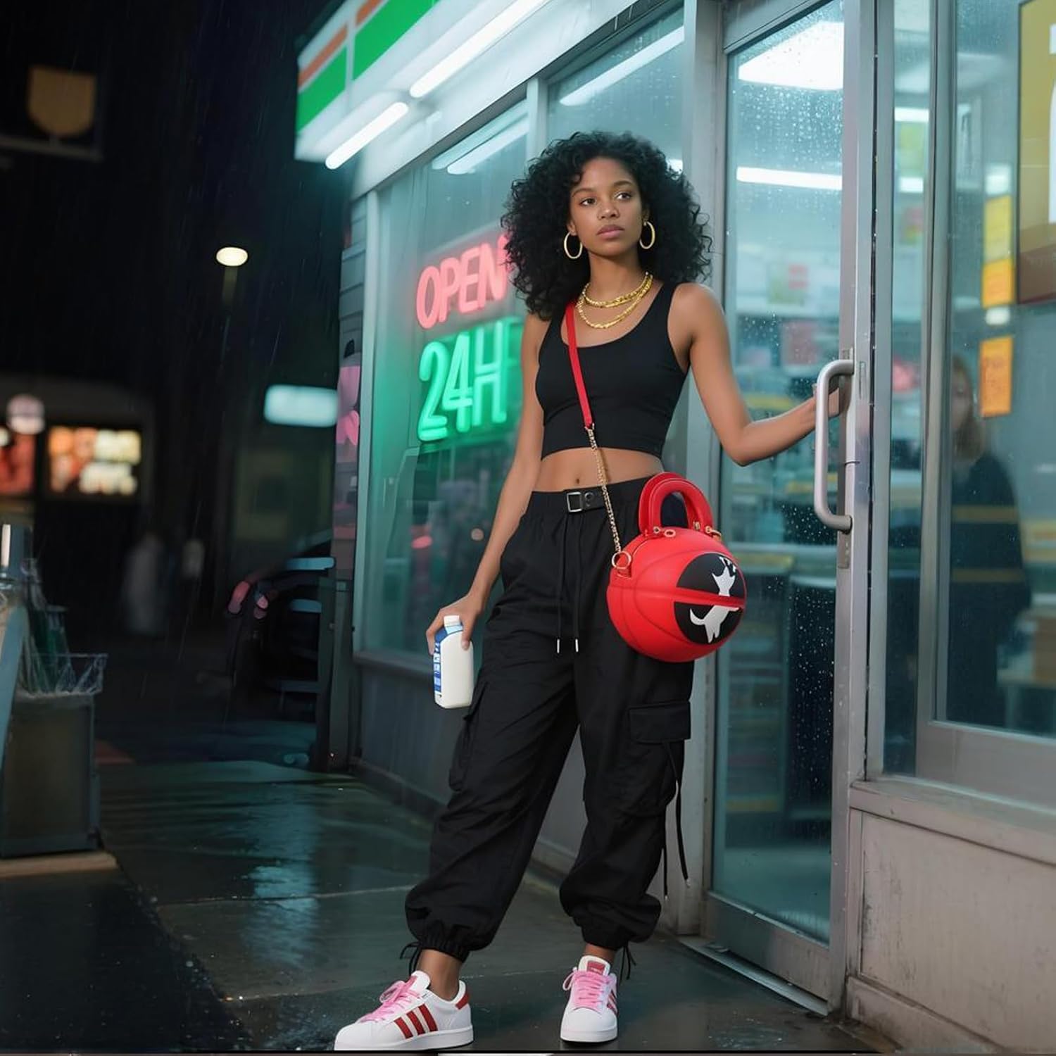 Kuangmi Women's Basketball-Shaped CrossBody Bag Handbag, Adjustable One-shoulder PU Leather Round Purse Tote Bag