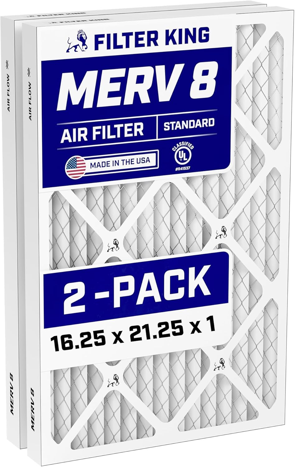 Filter King 16.25x21.25x1 Air Filter (MERV 8) (2-Pack) Dust & Allergy Control AC Furnace Filters, MADE IN USA, HVAC, Pleated, Electrostatic (Actual Size: 16.25 x 21.25 x .75)