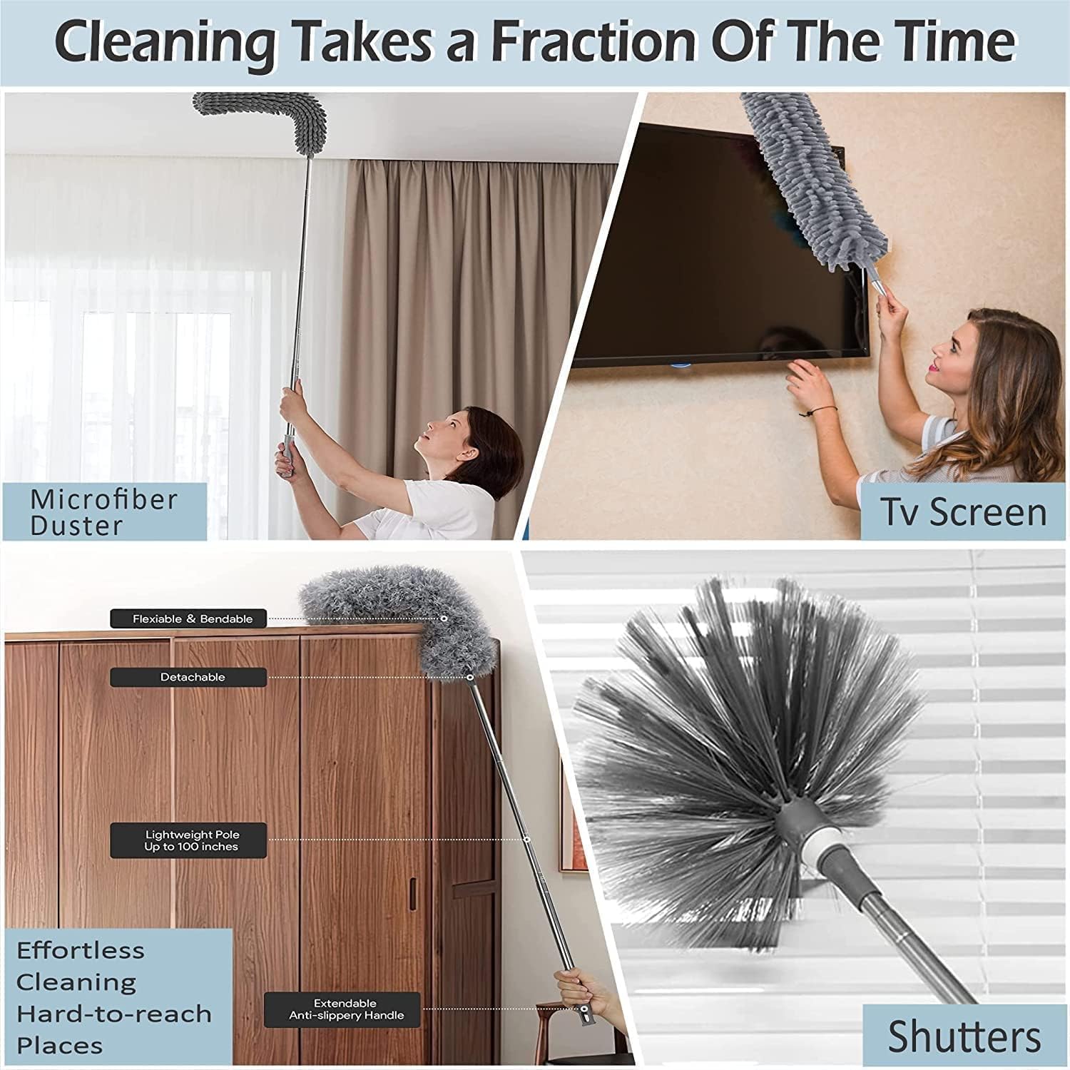 3 in 1 Duster Microfiber Feather Duster 4PCS Bendable Extendable Fan Cleaning Duster with 100 inches Expandable Pole Handle Washable Duster for High Ceiling Fans,Window Blinds, Furniture (Gray) 1