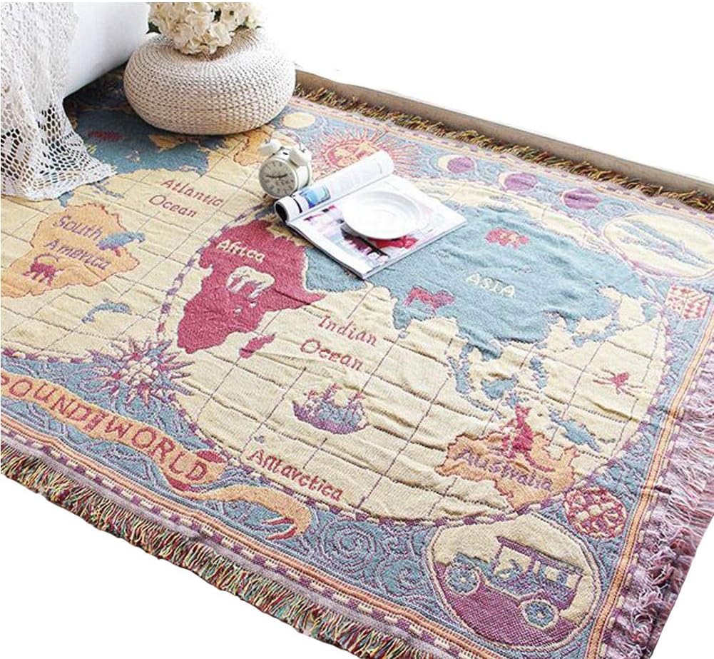 51" X 71" Inches Multi-Function Throw Blanket Double Sided Cotton Woven Couch Throw (World map, 51"X71")