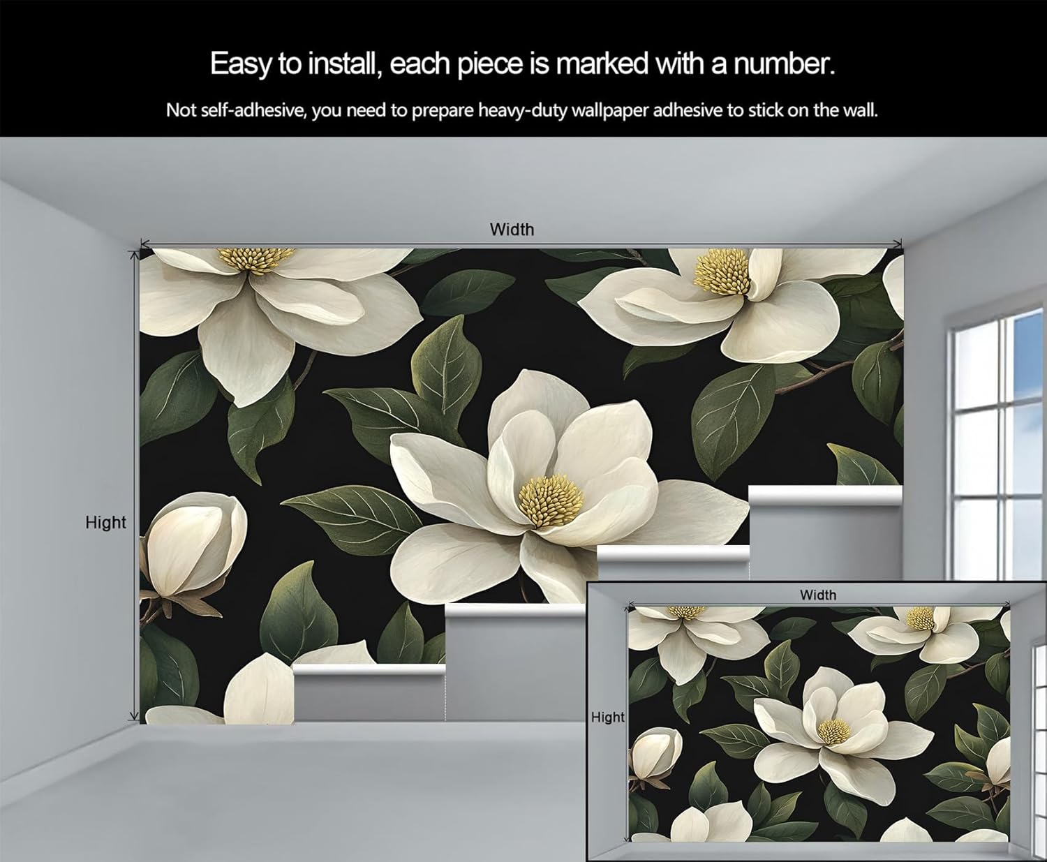 Green Leaves and White Flowers Wall Murals, Tropical Plants Mural, Removable Wallpaper for Living Room Bedroom TV Background Hotel Bar Decor - 144"W x 100"H