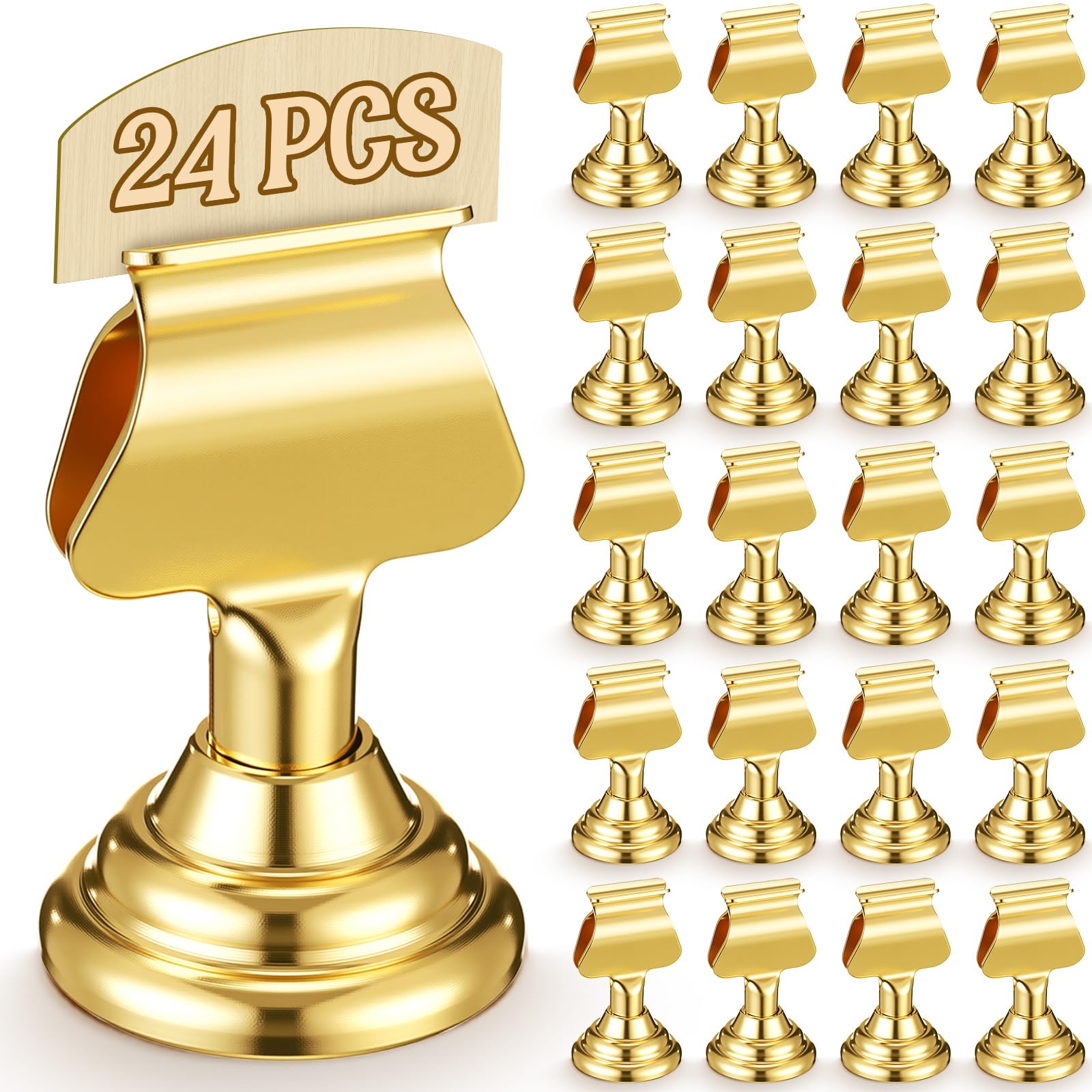 Kathfly 24 Pcs Metal Table Number Holders 1.7 Inch Gold Mini Place Card Holders Bulk Harp-clip Table Sign Stands Card Holder Display Picture Memo Notes Menu for Weddings Restaurants Birthday Decor