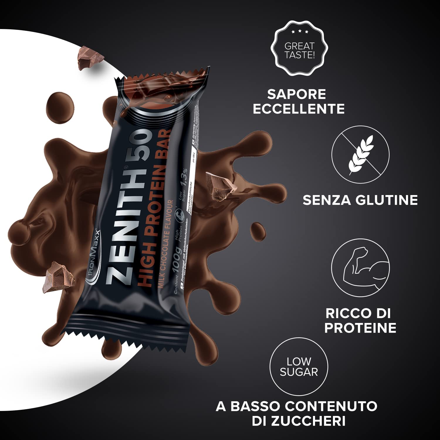 IronMaxx Zenith 50 High Protein Bar - Cioccolato al latte 12 x 100g | Barrette proteiche con 50% di proteine | Low carb, low sugar, con aminoacidi essenziali.