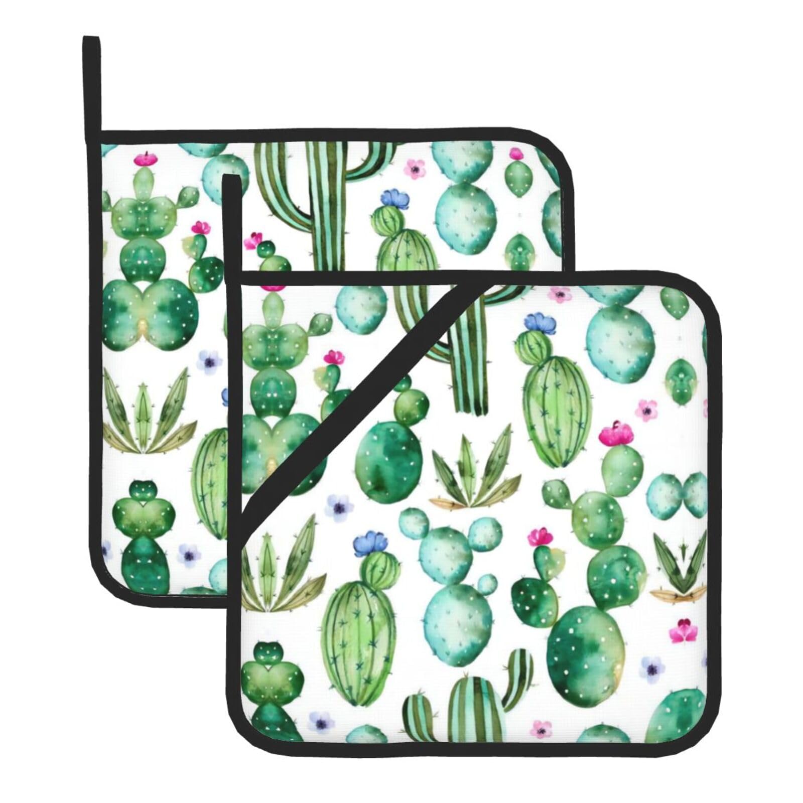YYHWHJDE Cactus Flower Prints Square Hot Pads for Kitchen Counter - Waterproof Pot Holders with Hanging Loop, Durable Trivets for Microwave Oven - 2 Pack