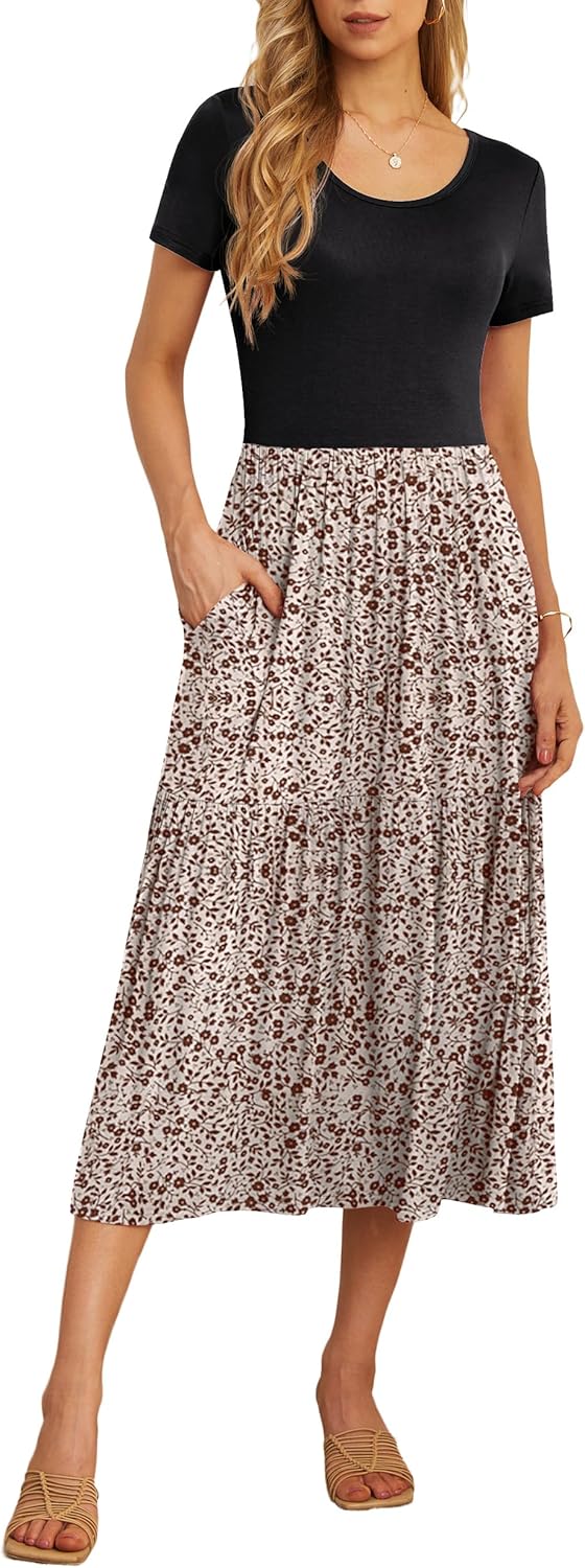 GRECERELLE Women's Summer Casual Short Sleeve Crewneck Tiered Flowy Maxi Long Dress with Pockets (S-2XL)